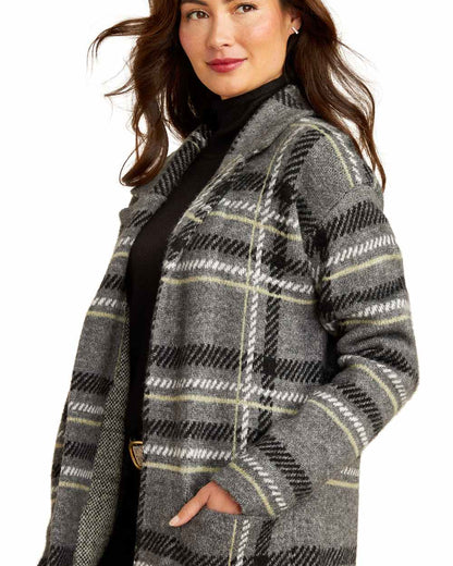 Charcoal Plaid coloured Ariat Womens Ballston Cardigan on white background 