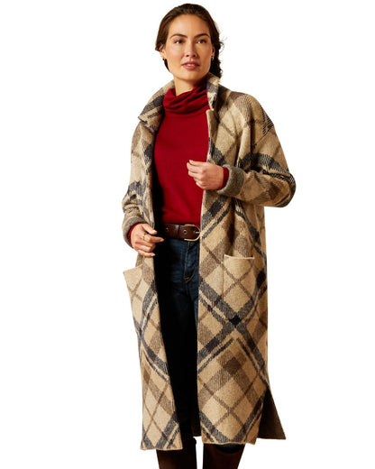 Oatmeal Plaid coloured Ariat Womens Ballston Cardigan on white background 