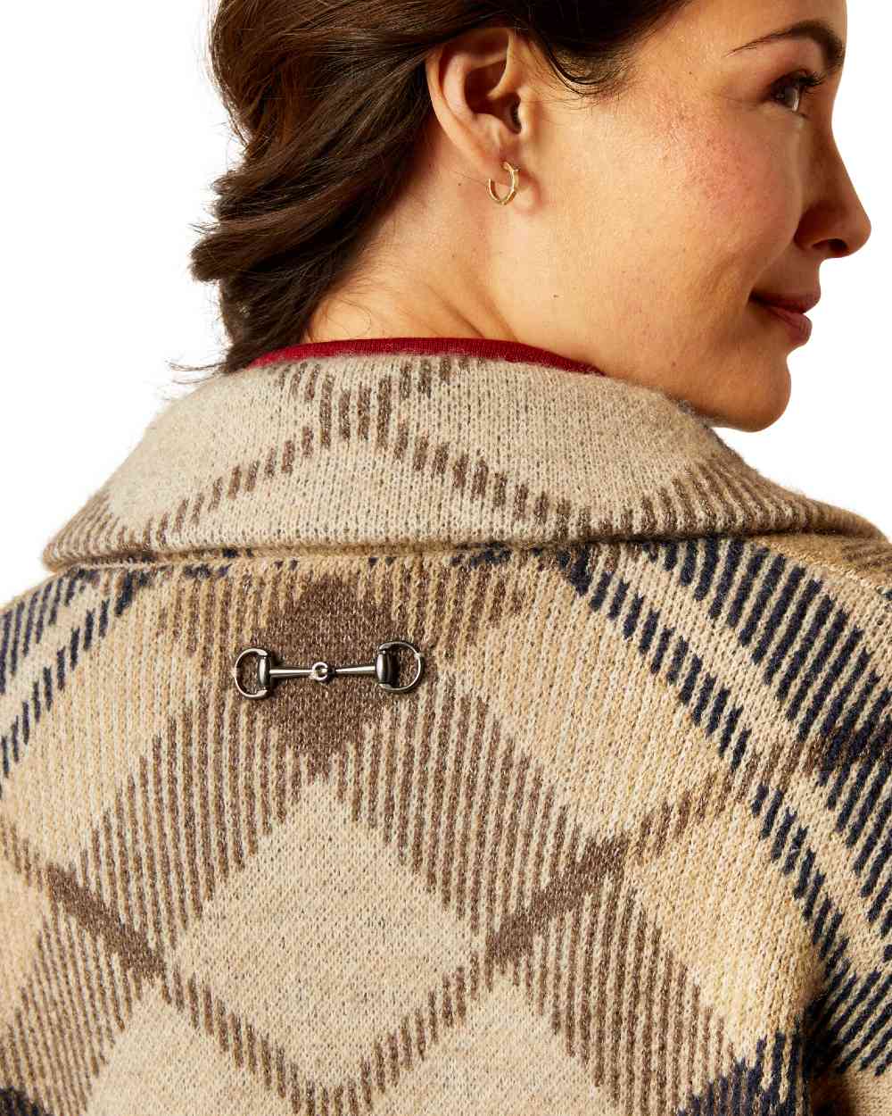 Oatmeal Plaid coloured Ariat Womens Ballston Cardigan on white background 