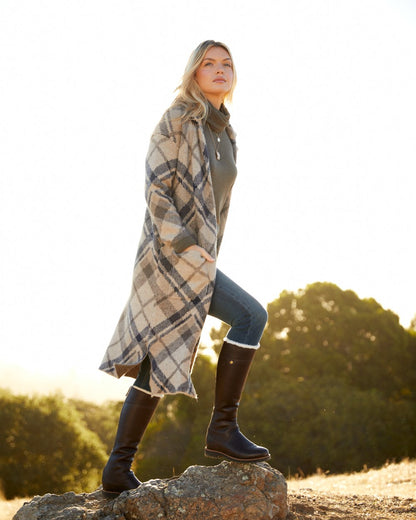 Oatmeal Plaid coloured Ariat Womens Ballston Cardigan on blurry background 