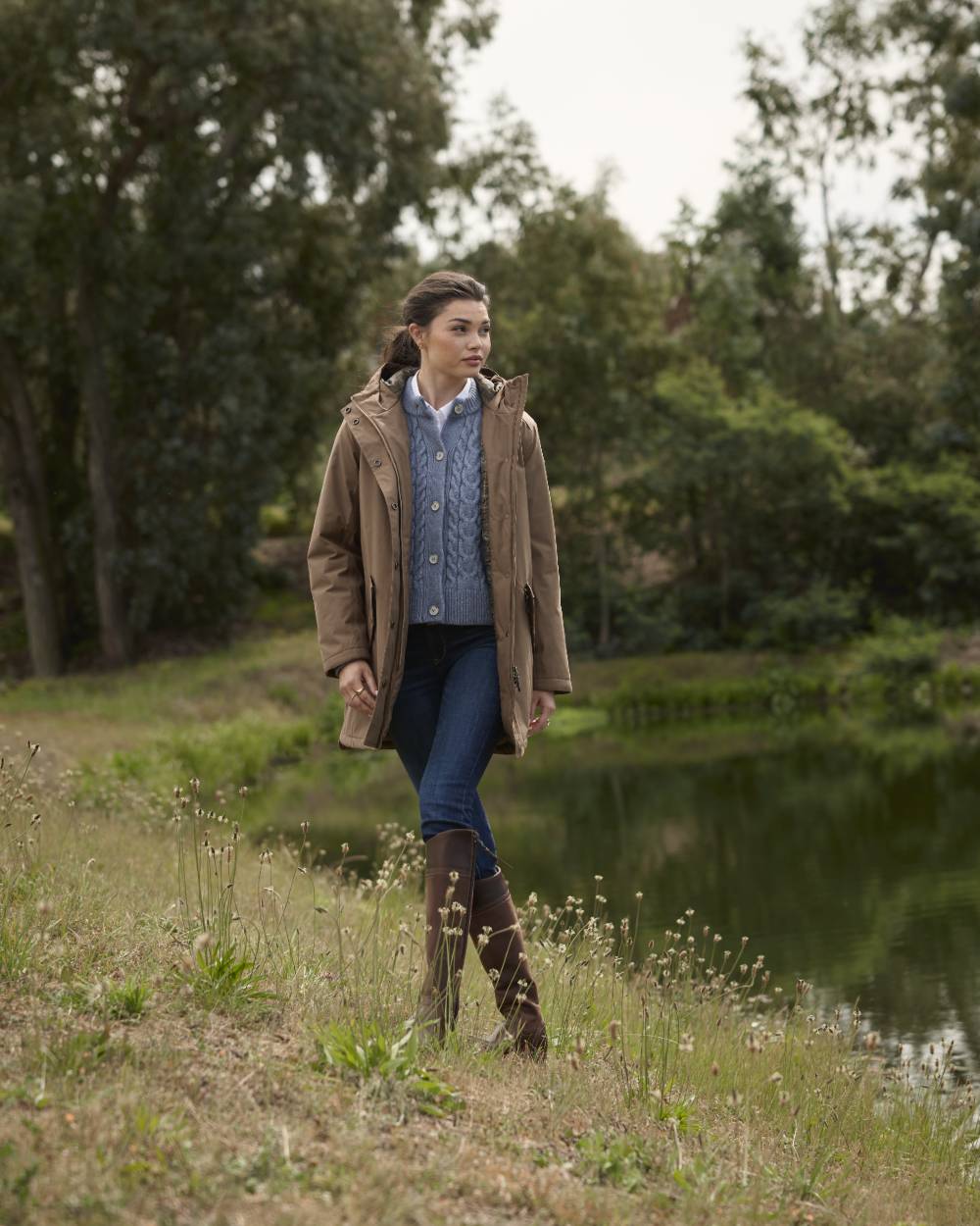 Malt colour Ariat Womens Barrowmere Waterproof Insulated Parka on forest background 