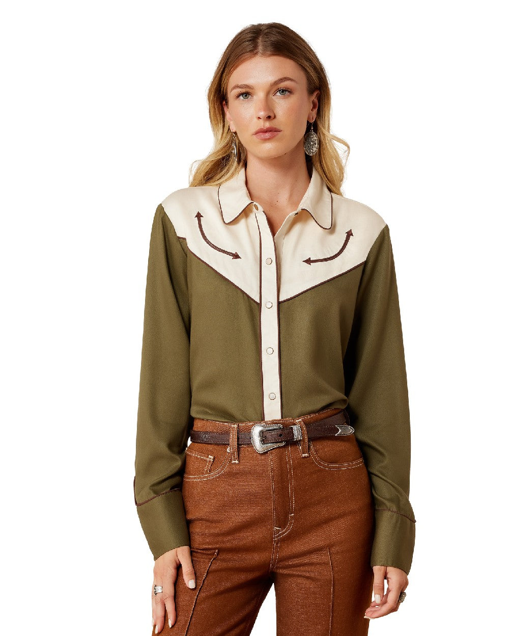 Ivy Green Parchment coloured Ariat Womens Bellamy Snap Shirt on white background 