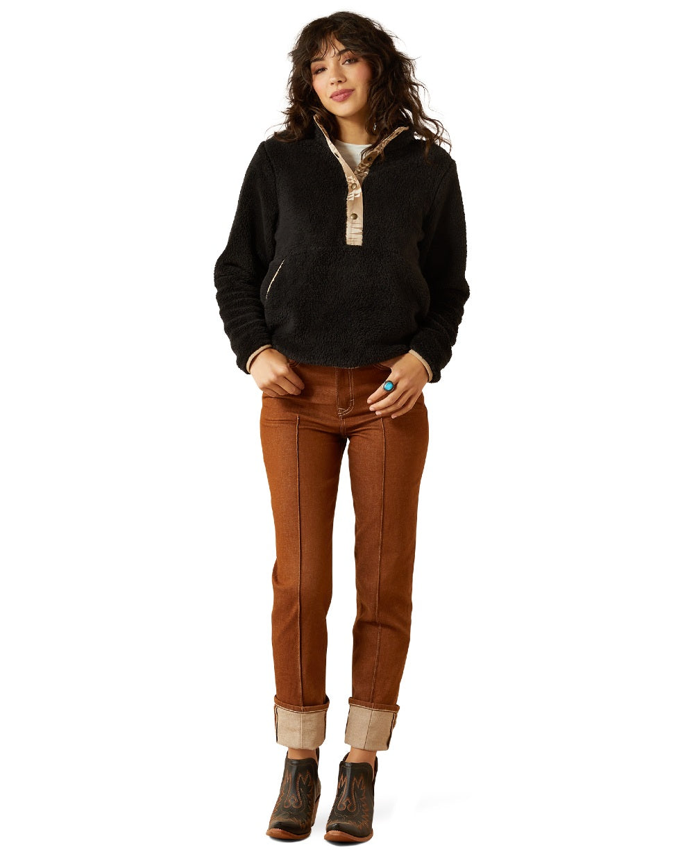 Black Coloured Ariat Womens Berber Snap Front Sweatshirt on white background 