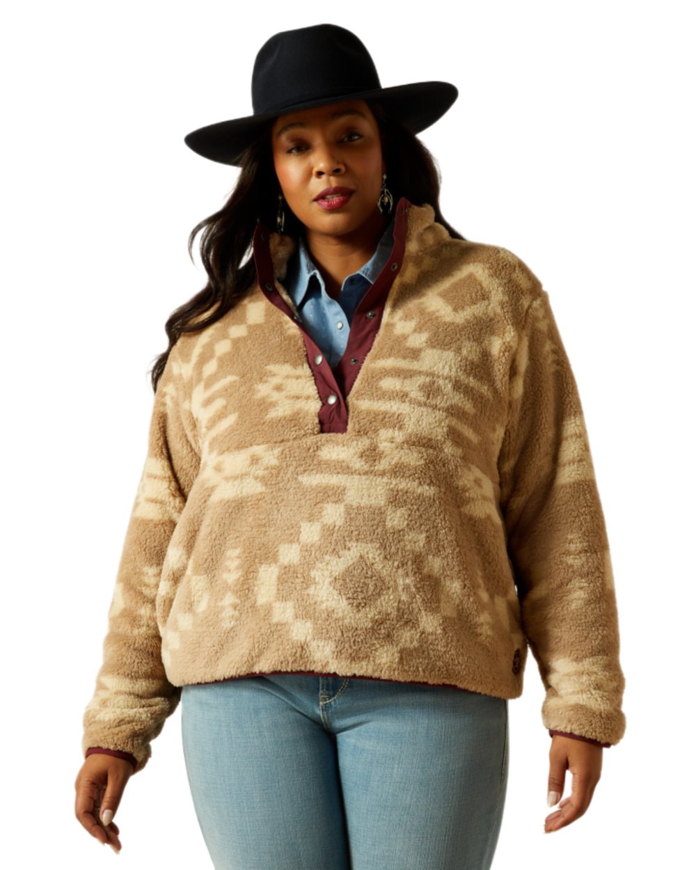 Lone Ridge Print Coloured Ariat Womens Berber Snap Front Sweatshirt on white background 