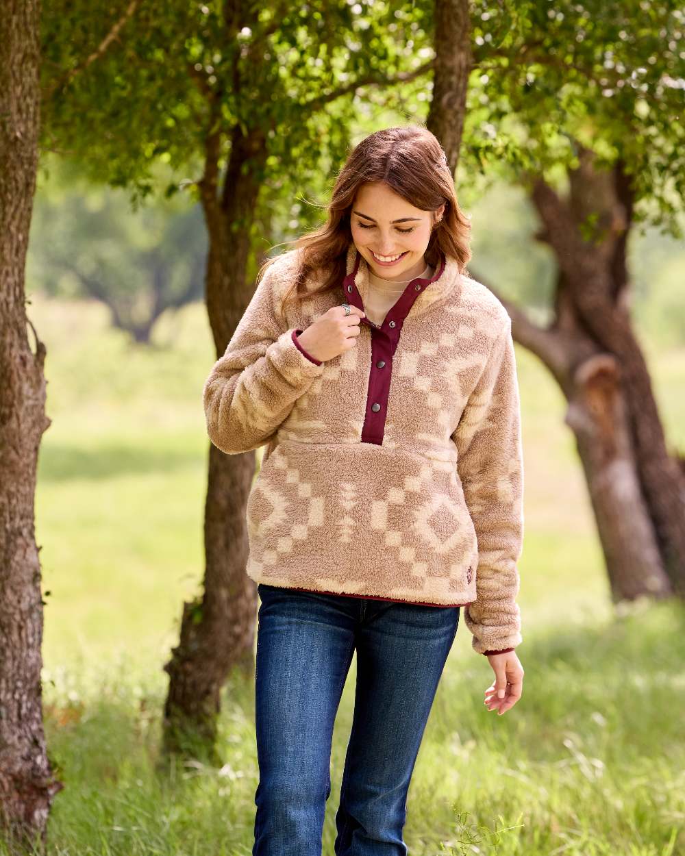 Lone Ridge Print Coloured Ariat Womens Berber Snap Front Sweatshirt on outdoor background 