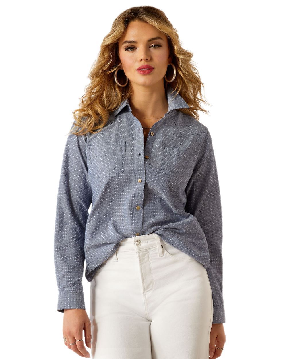 Chambray Dobby coloured Ariat Womens Billie Jean Shirt on white background 