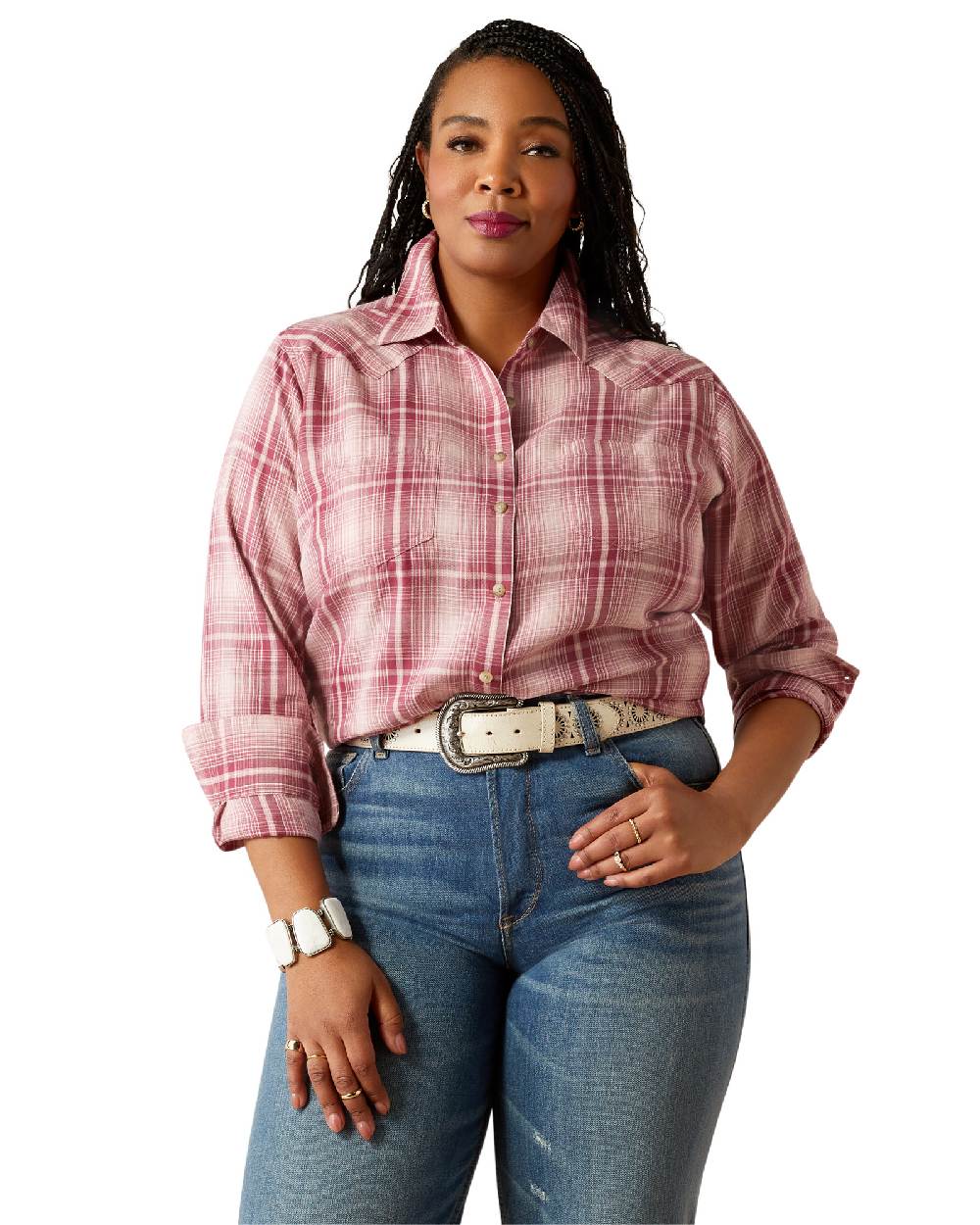 Delilah Plaid coloured Ariat Womens Billie Jean Shirt on white background 