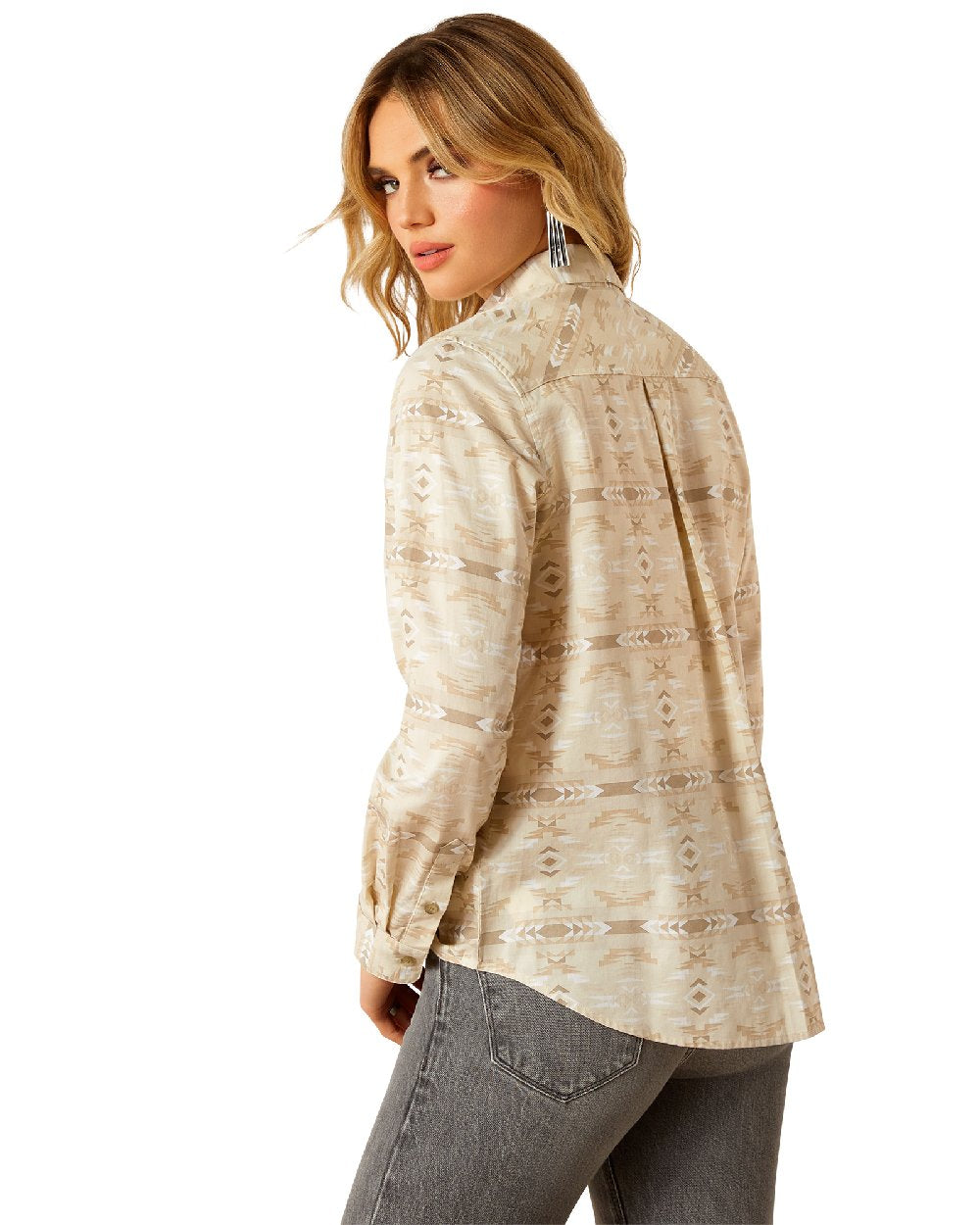 Sandstone Southwest Print coloured Ariat Womens Billie Jean Shirt on white background 