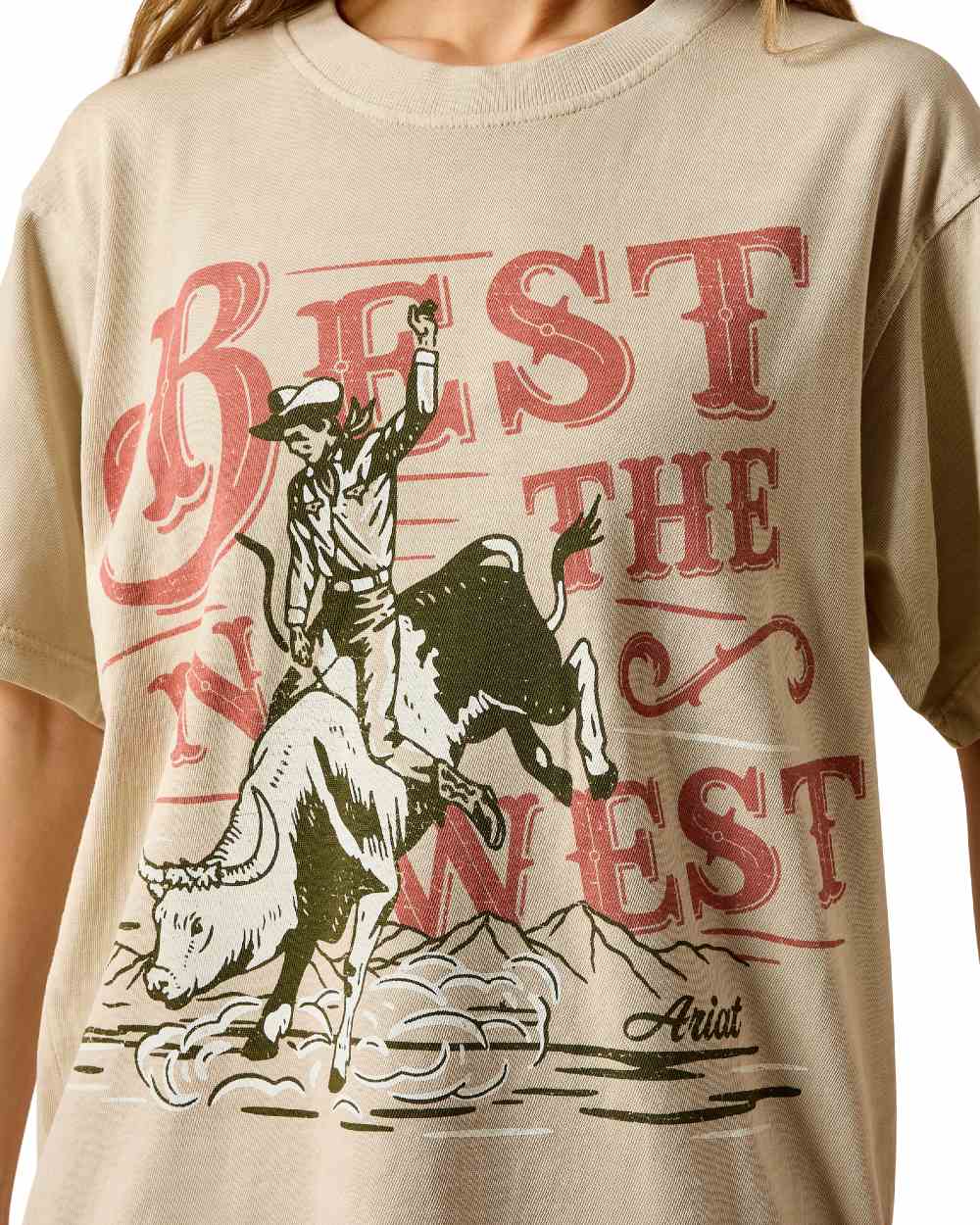 French Oak coloured Ariat Womens Bull Rider Arched T-Shirt on white background 