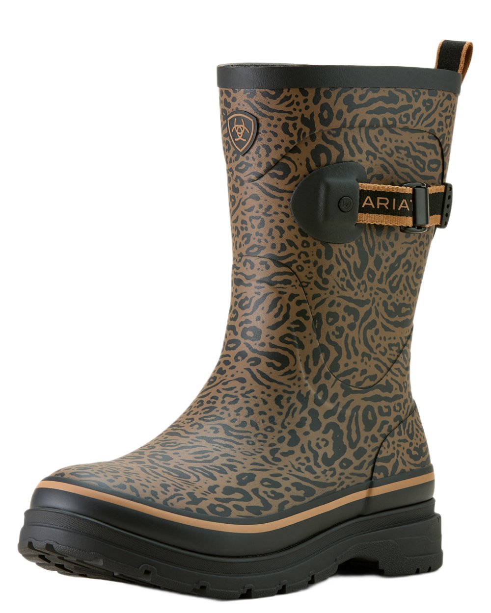 Ocelot Print coloured Ariat Womens Burford Wellington Boots on white background 