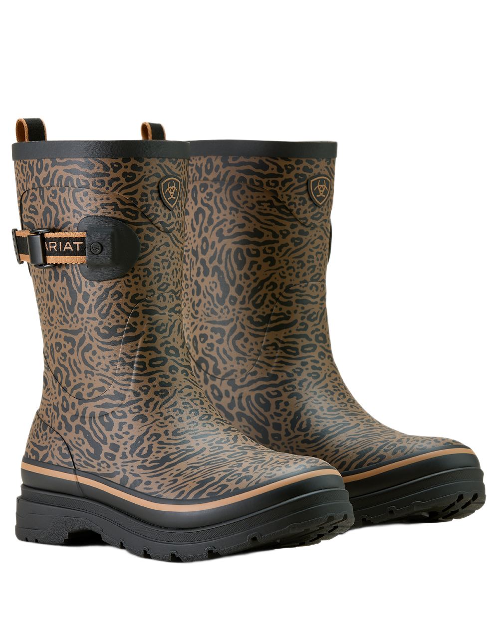 Ocelot Print coloured Ariat Womens Burford Wellington Boots on white background 