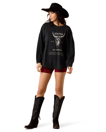 Black Acid Wash coloured Ariat Womens Canvas Oversized Long Sleeve T-Shirt on white background 