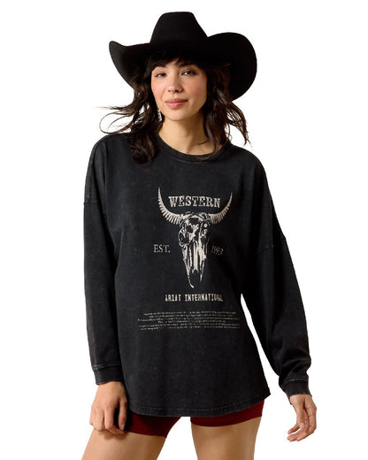 Black Acid Wash coloured Ariat Womens Canvas Oversized Long Sleeve T-Shirt on white background 