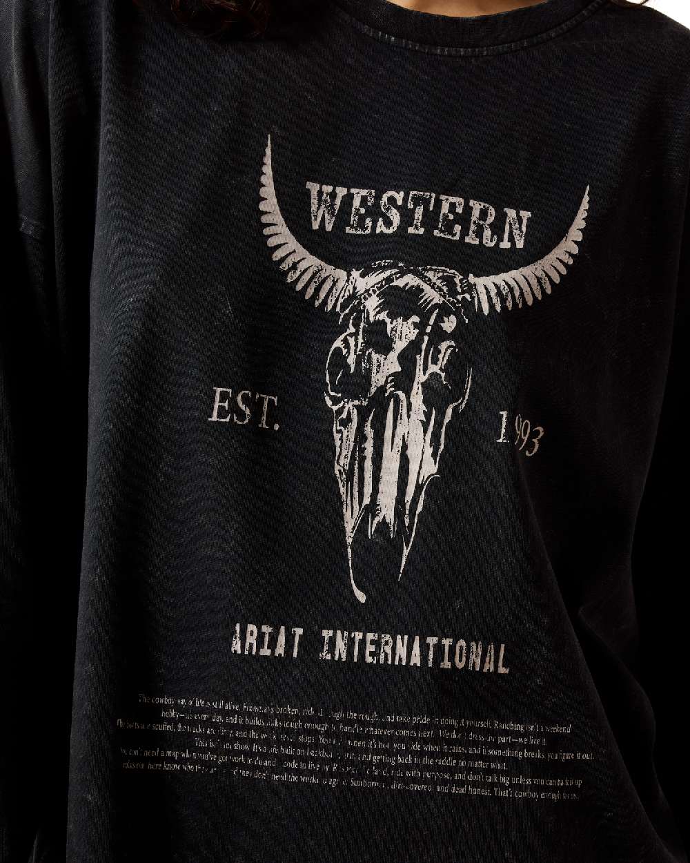 Black Acid Wash coloured Ariat Womens Canvas Oversized Long Sleeve T-Shirt on white background 