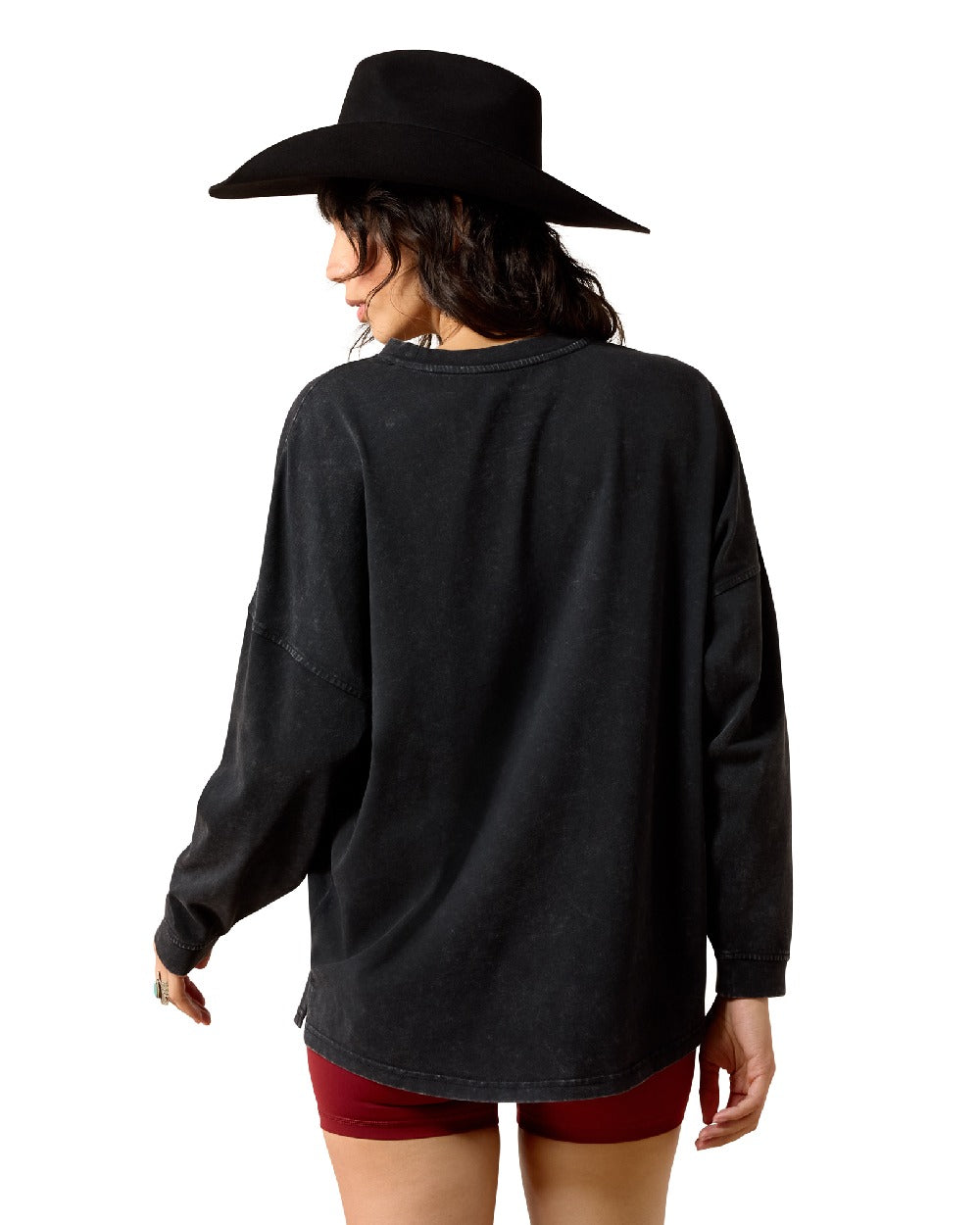 Black Acid Wash coloured Ariat Womens Canvas Oversized Long Sleeve T-Shirt on white background 