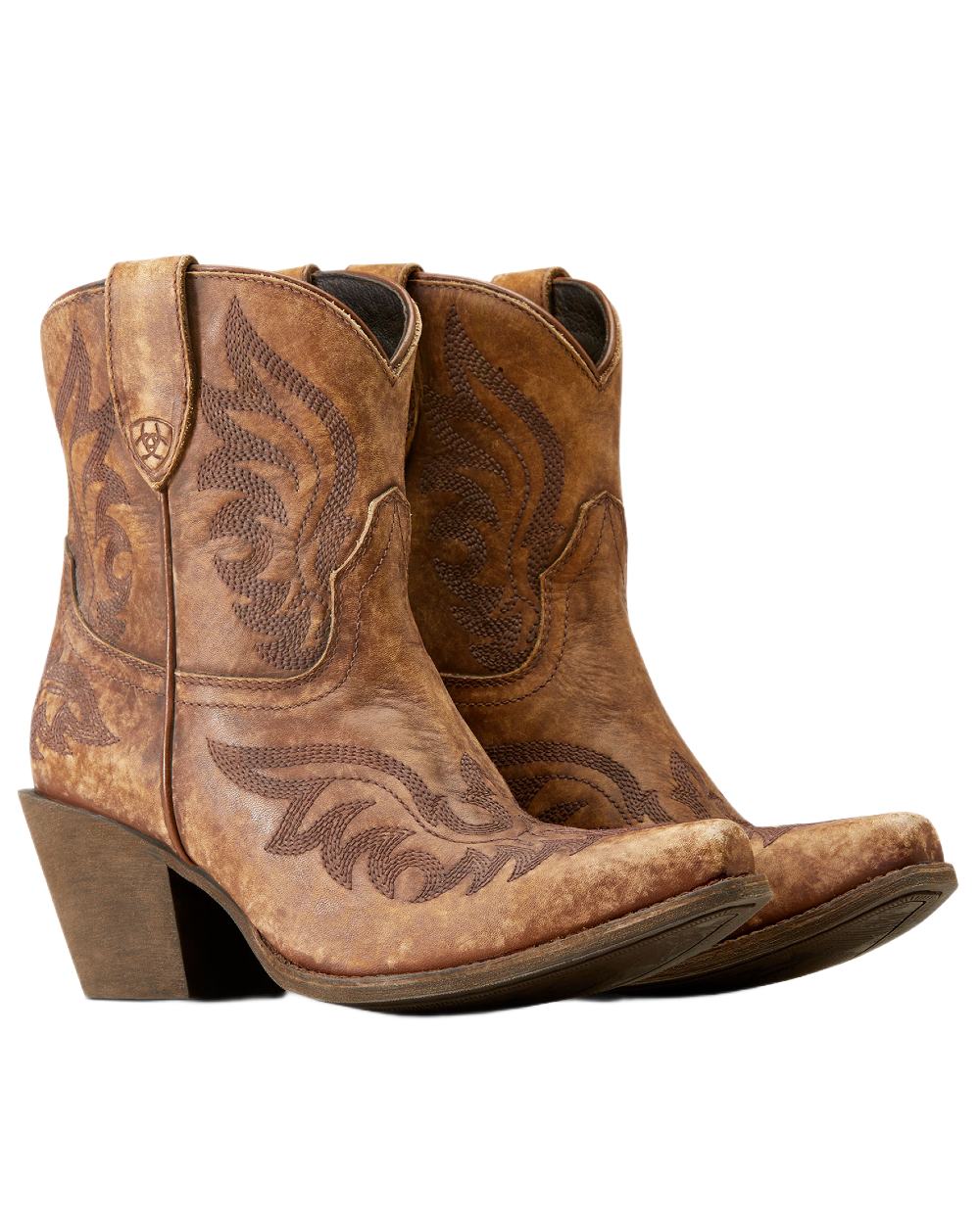 Naturally Distressed Brown coloured Ariat Womens Chandler X Toe Western Boots on white background 