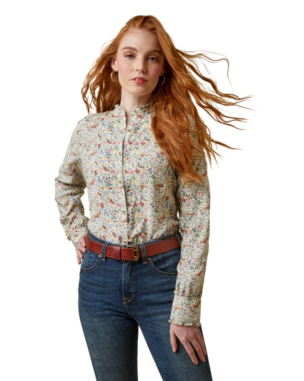 Bird Print Ariat Womens Clarion Blouse on White background 