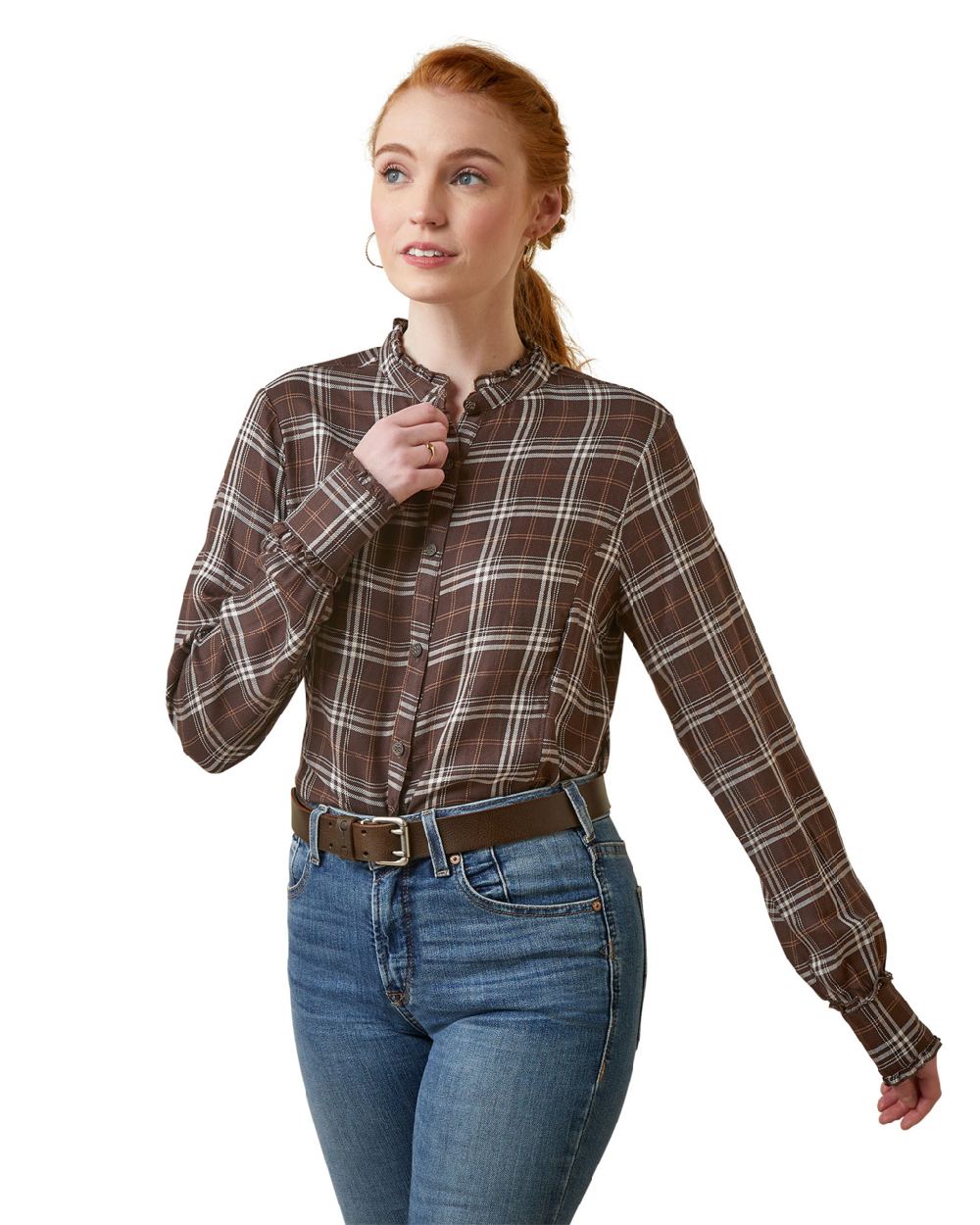Mole Plaid Ariat Womens Clarion Blouse on White background 