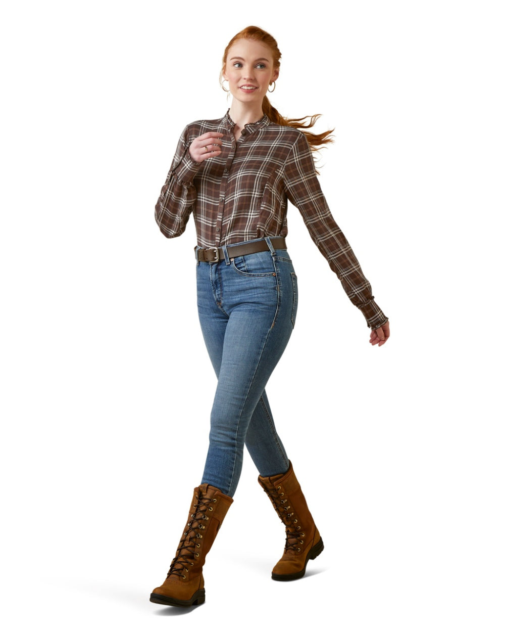Mole Plaid Ariat Womens Clarion Blouse on White background 