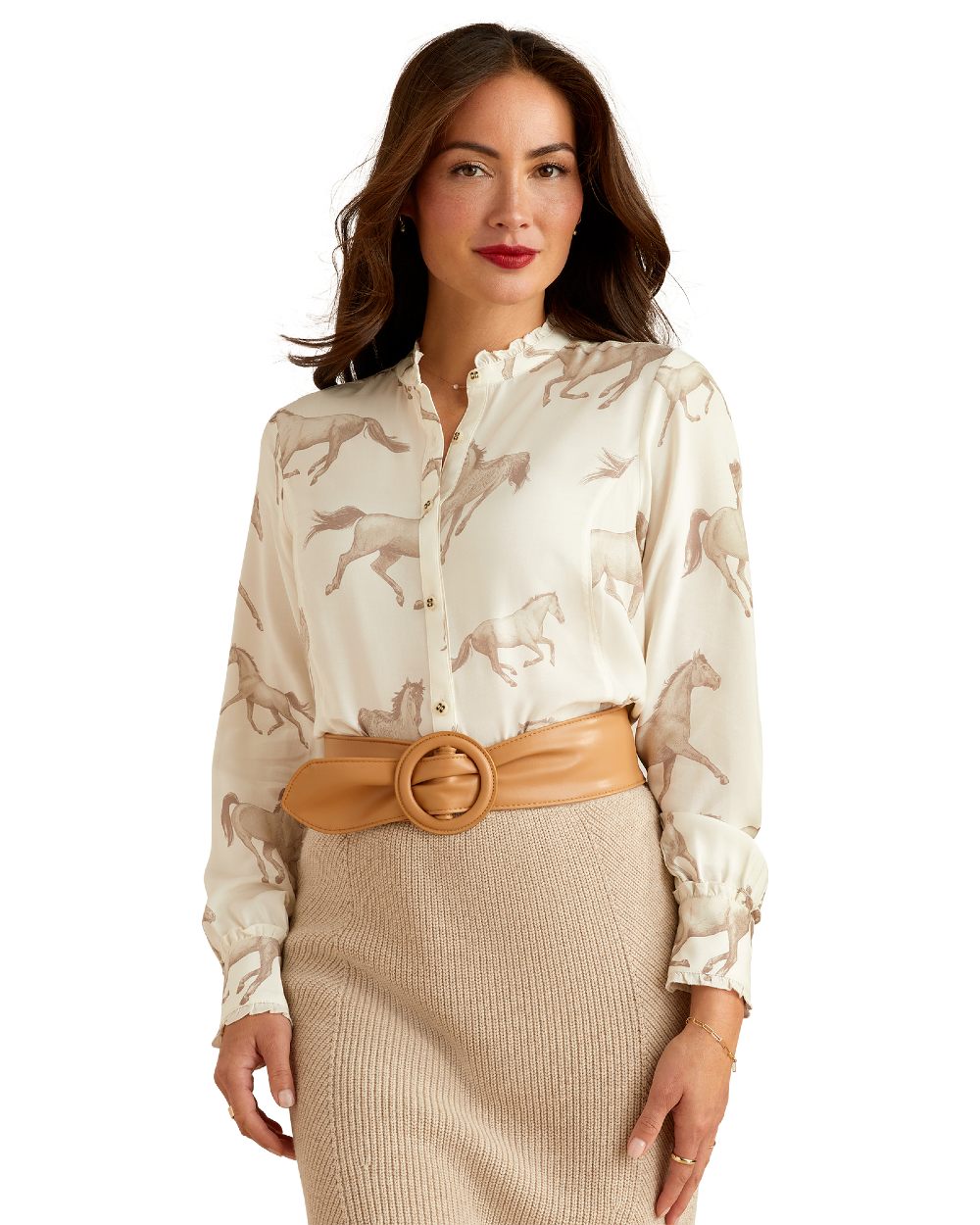 Sepia Horse Print Ariat Womens Clarion Blouse on White background 