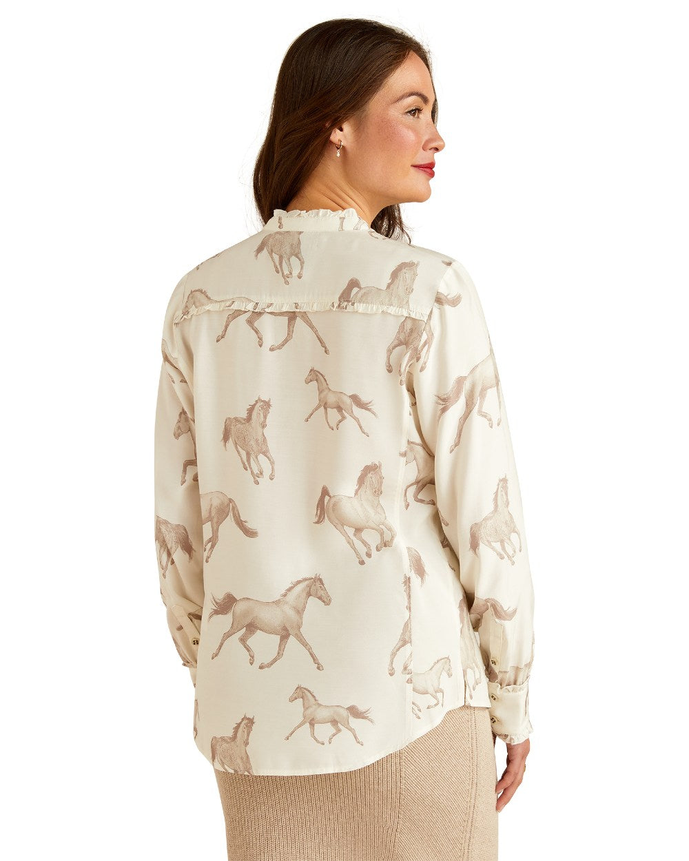 Sepia Horse Print Ariat Womens Clarion Blouse on White background 