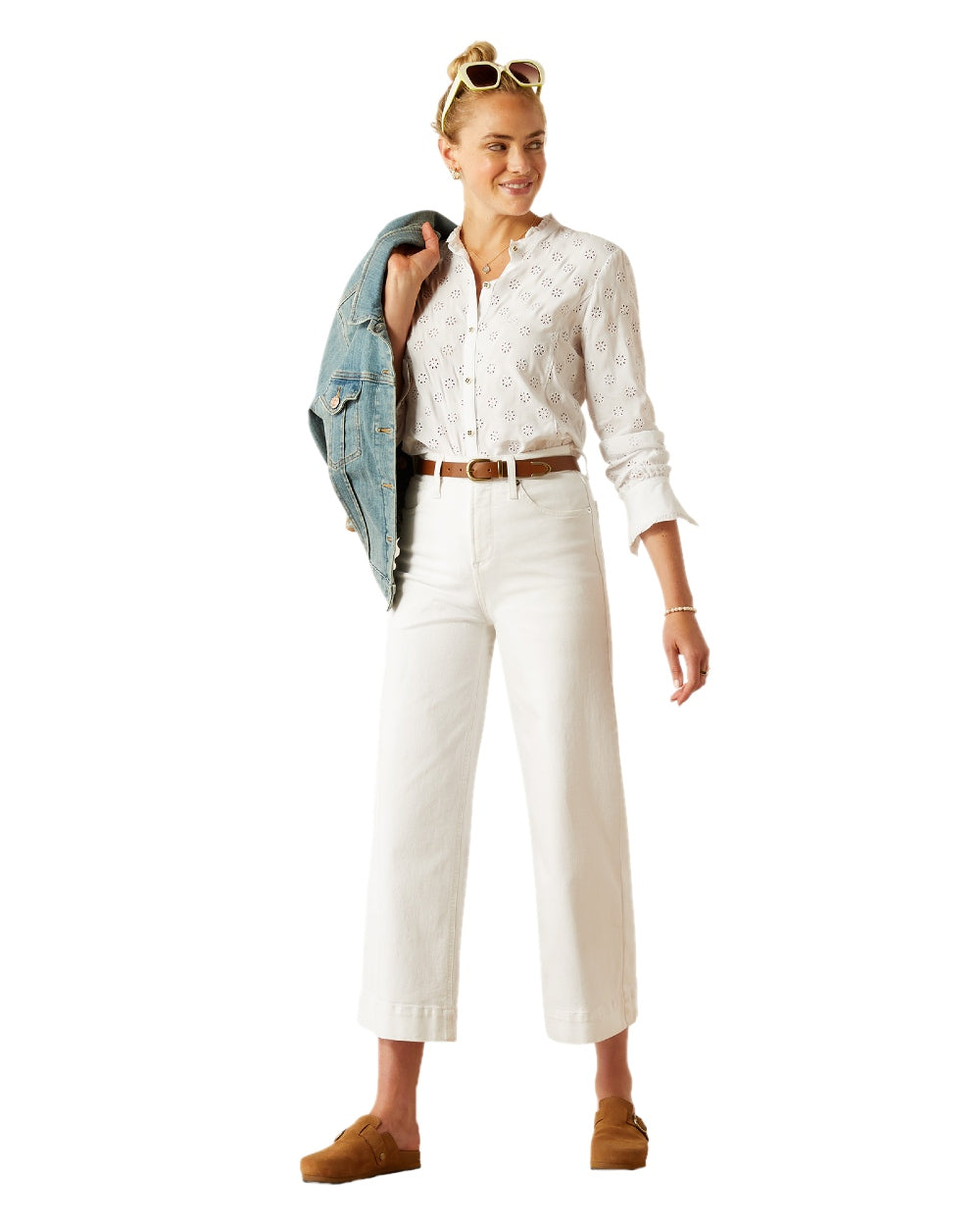 White Eyelet coloured Ariat Womens Clarion Blouse on white background 