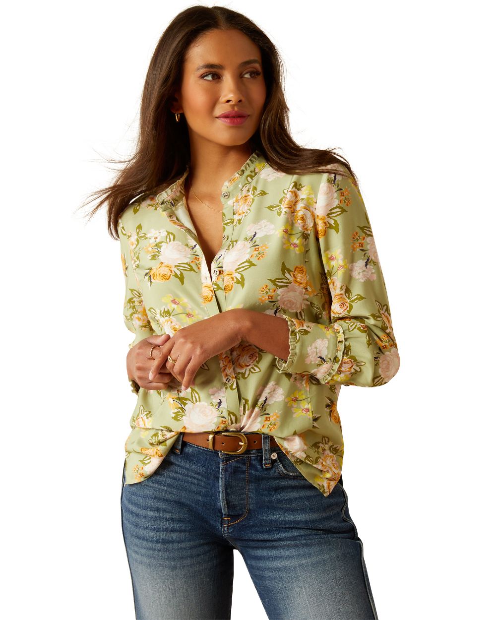 Rose Garden Print Ariat Womens Clarion Blouse on White background 