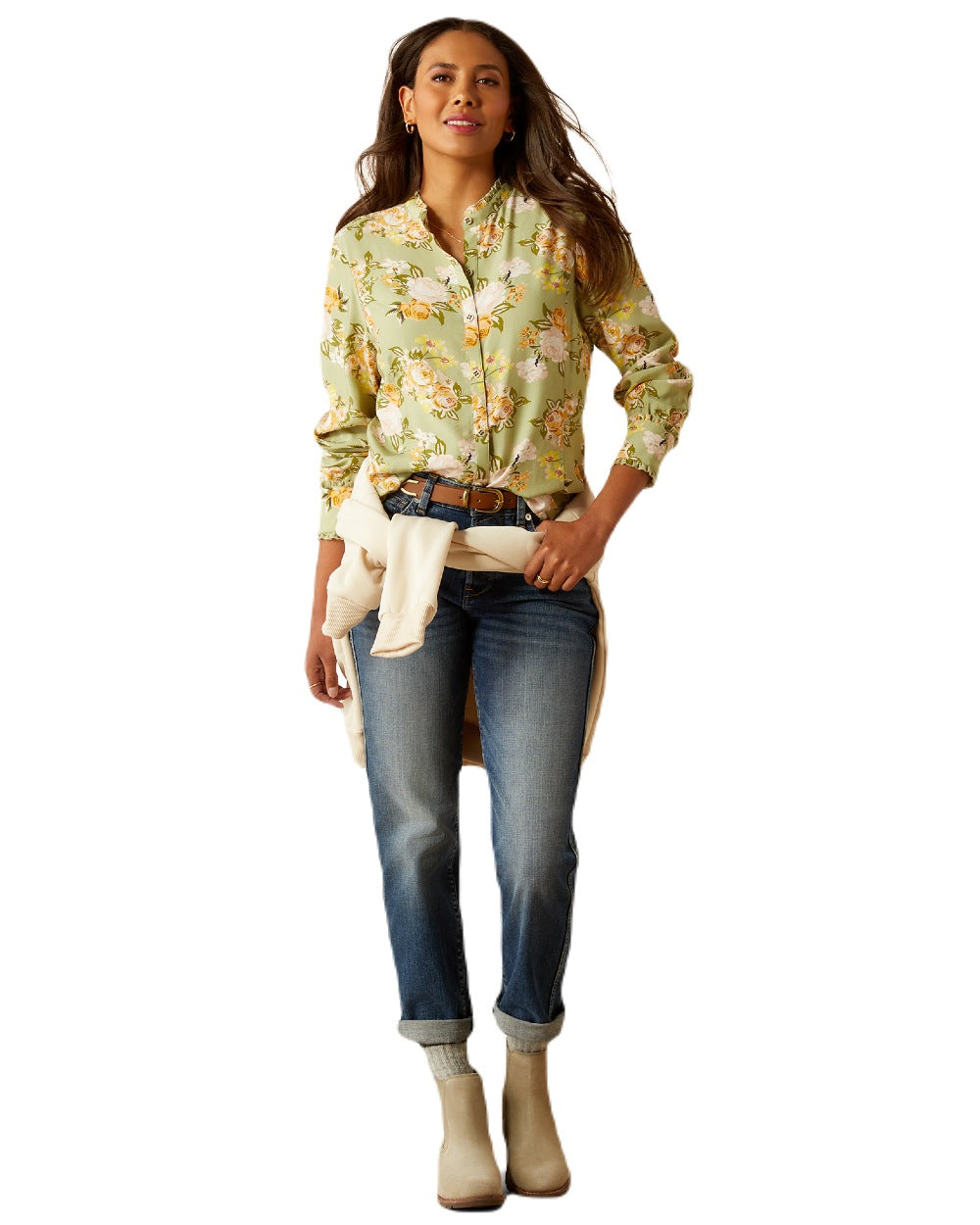 Rose Garden Print Ariat Womens Clarion Blouse on White background 