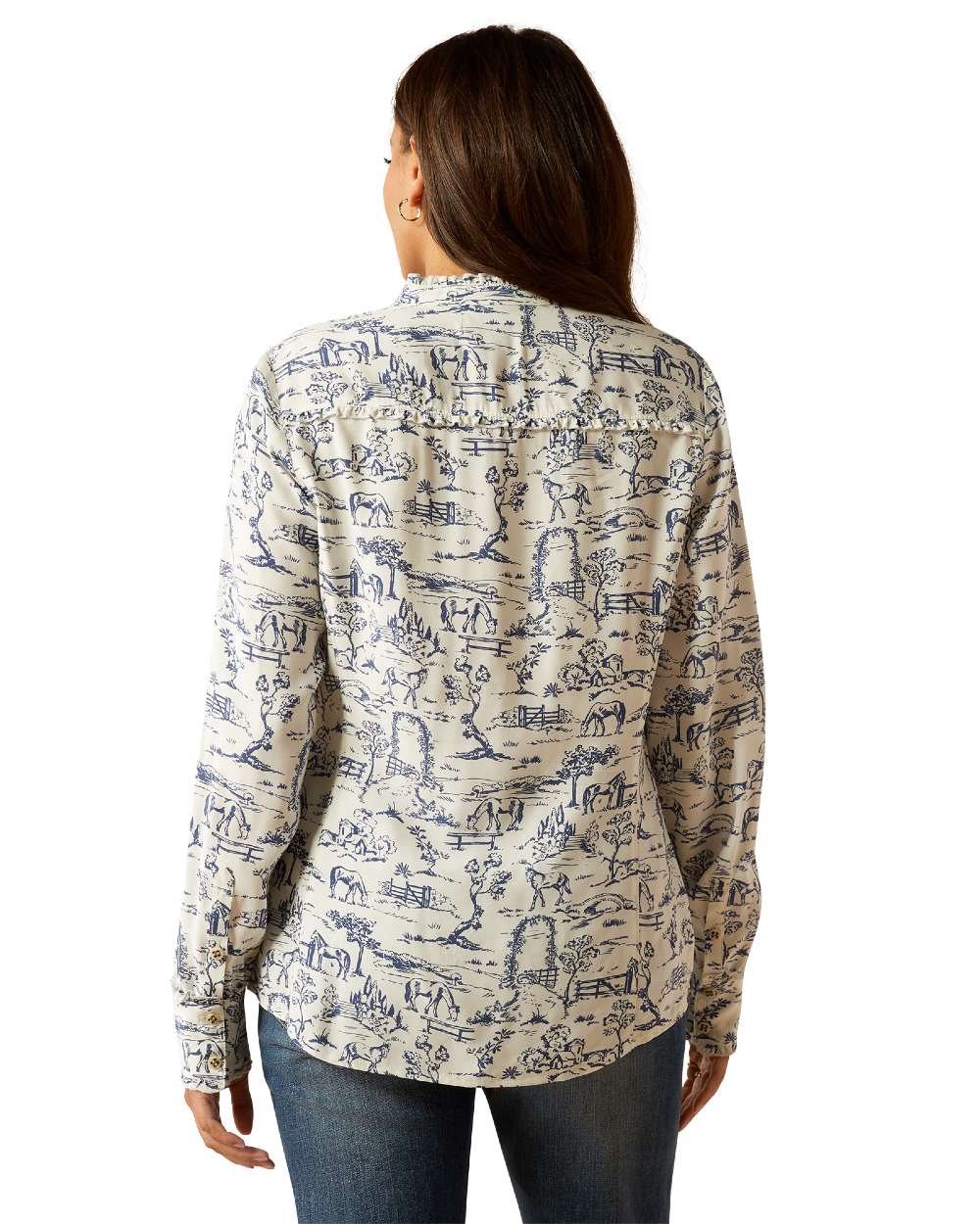 Toile Scene Print Ariat Womens Clarion Blouse on White background 