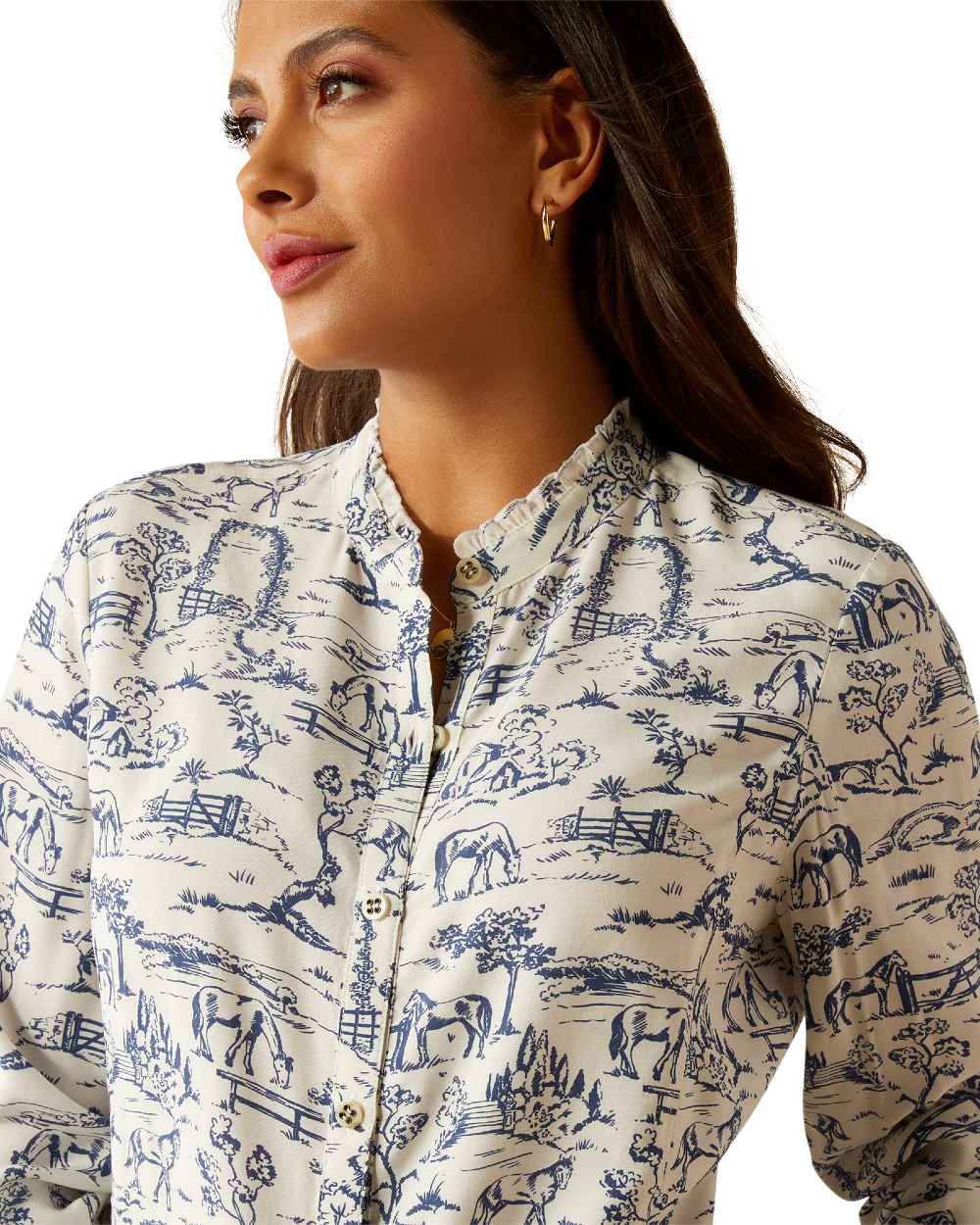 Toile Scene Print Ariat Womens Clarion Blouse on White background 