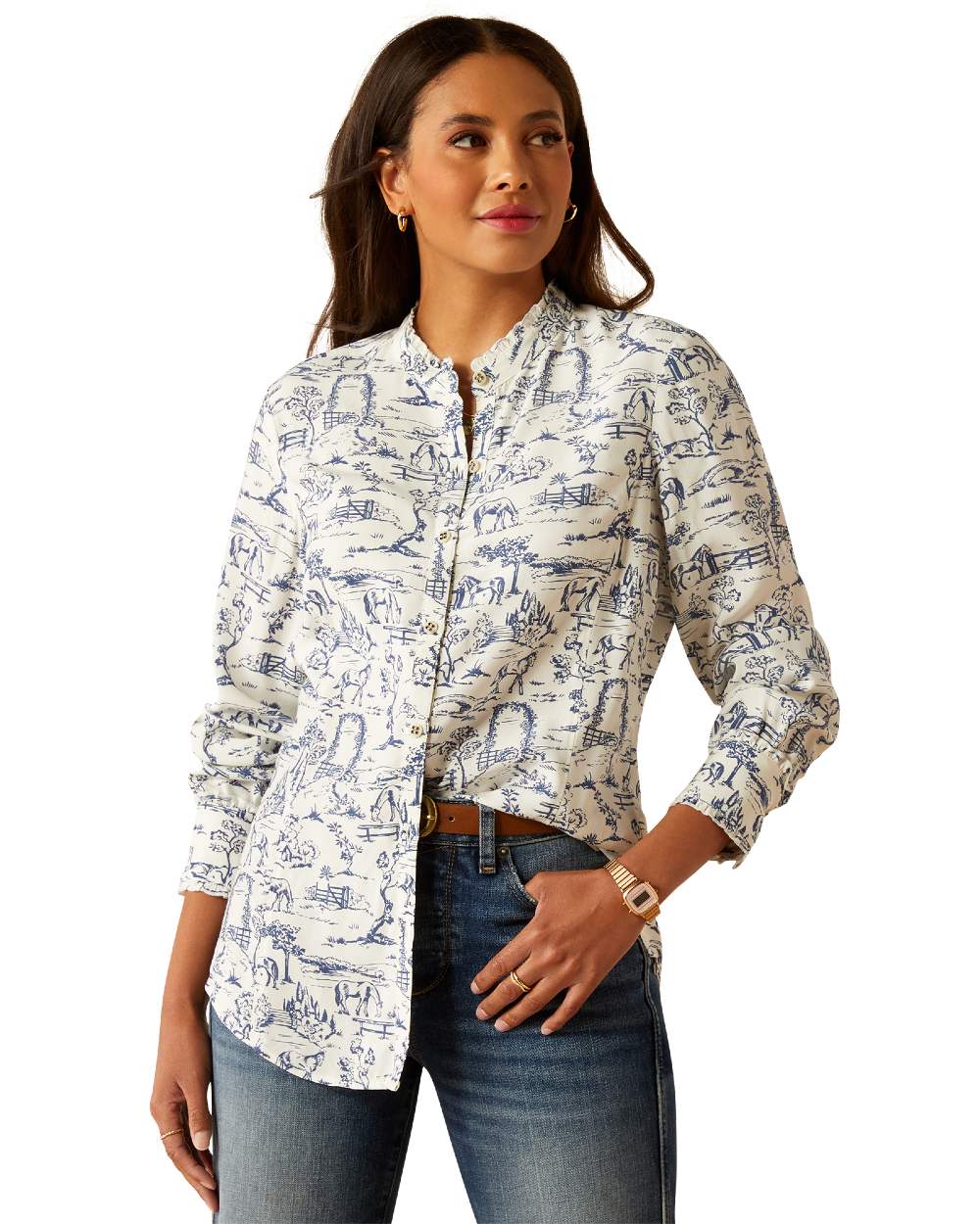 Toile Scene Print Ariat Womens Clarion Blouse on White background 