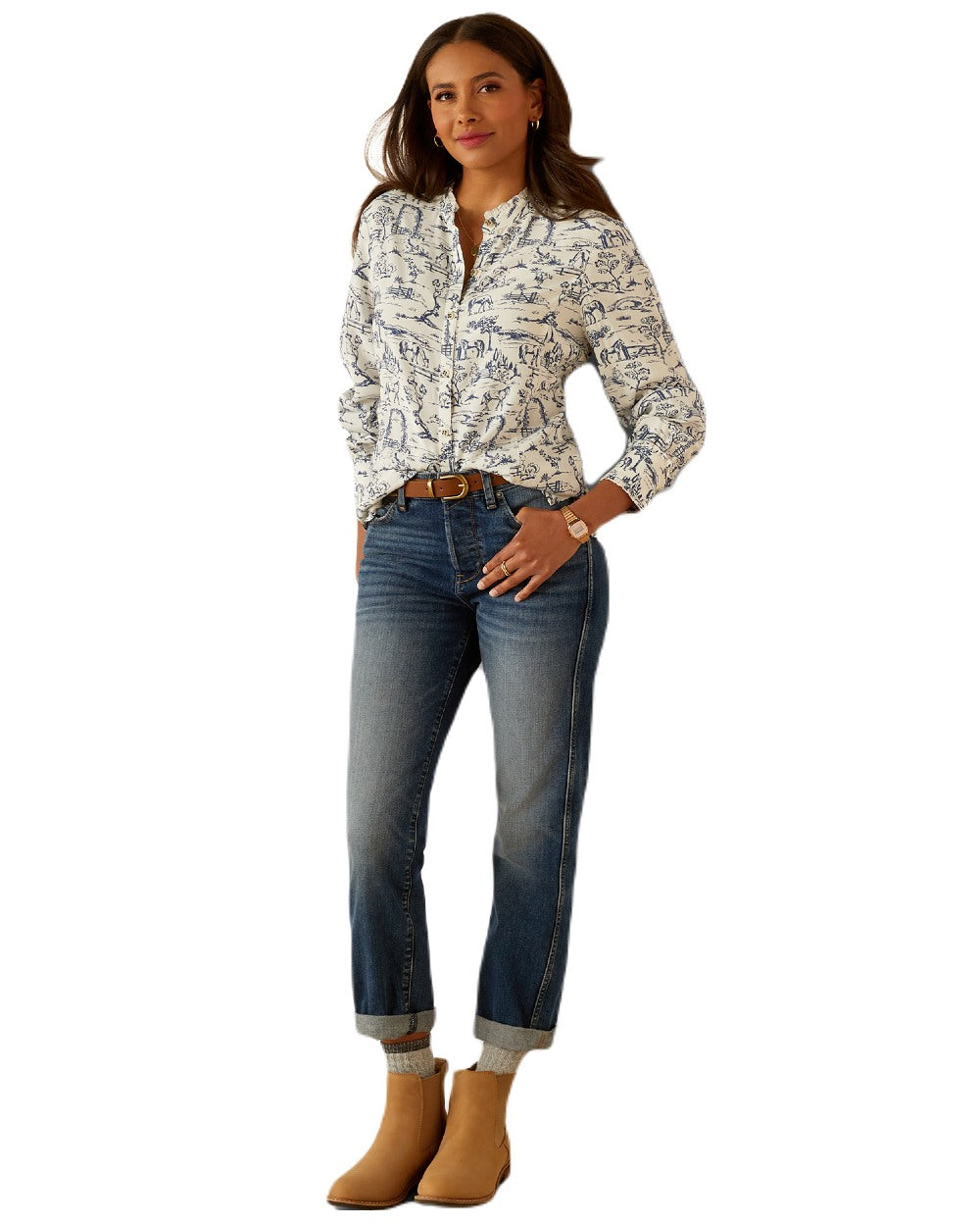 Toile Scene Print Ariat Womens Clarion Blouse on White background 