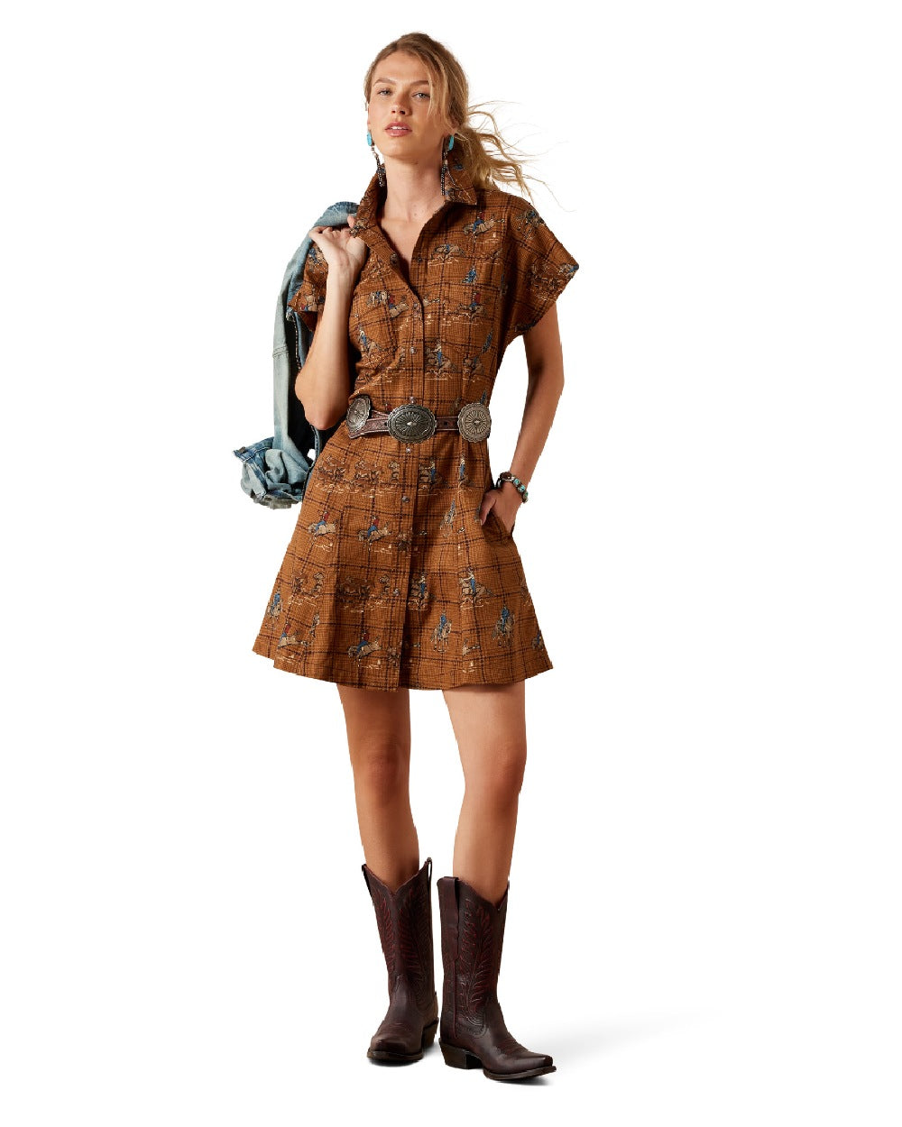 Glen-Plaid-Rodeo coloured Ariat Womens Cody Dress on white background 