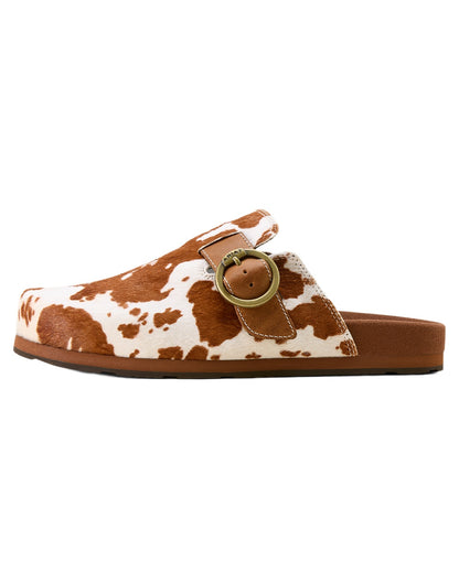 Cow Hair On coloured Ariat Womens Country Mules on white background 