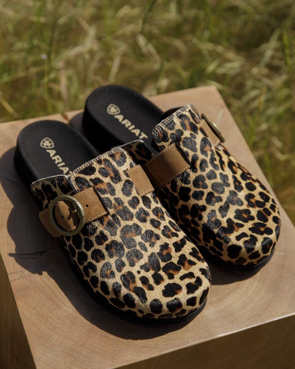 Leopard Hair On coloured Ariat Womens Country Mules on forest background 