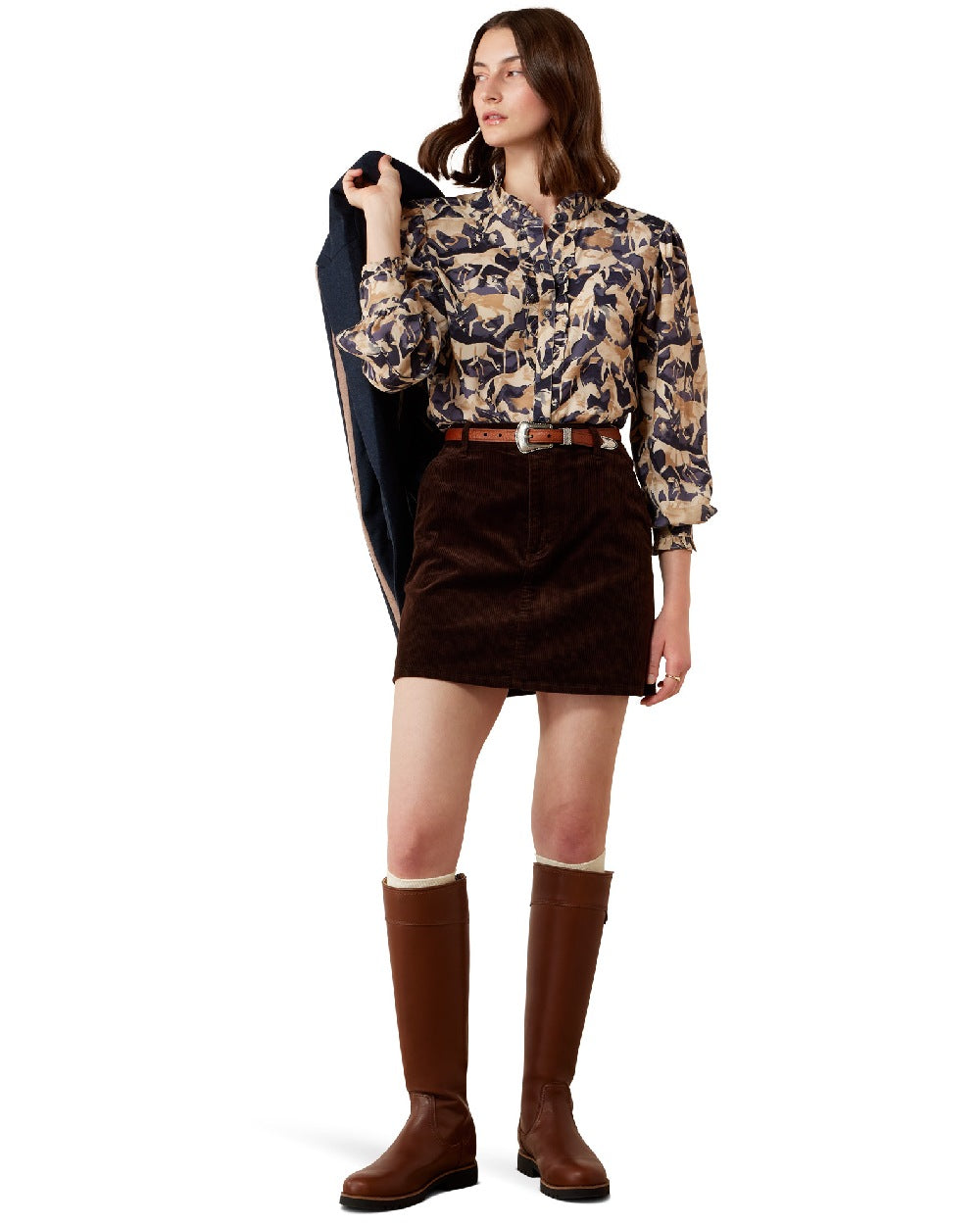 Navy Coincide Print coloured Ariat Womens Cricklade Blouse on white background 