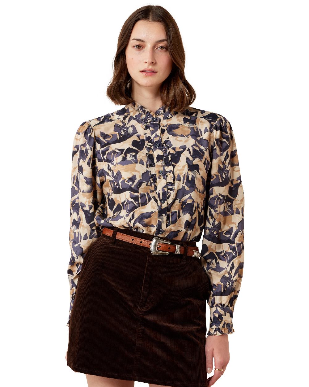 Navy Coincide Print coloured Ariat Womens Cricklade Blouse on white background 