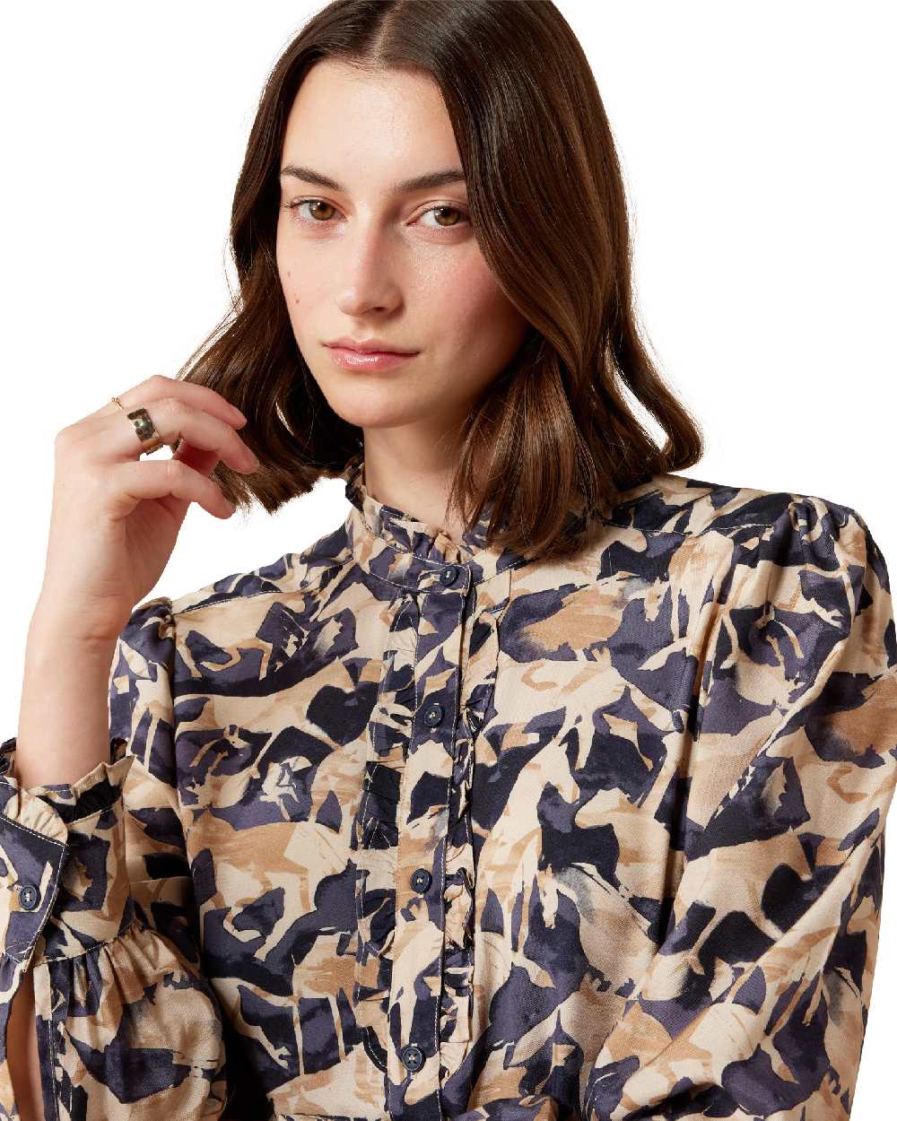 Navy Coincide Print coloured Ariat Womens Cricklade Blouse on white background 