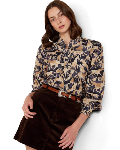 Navy Coincide Print coloured Ariat Womens Cricklade Blouse on white background 