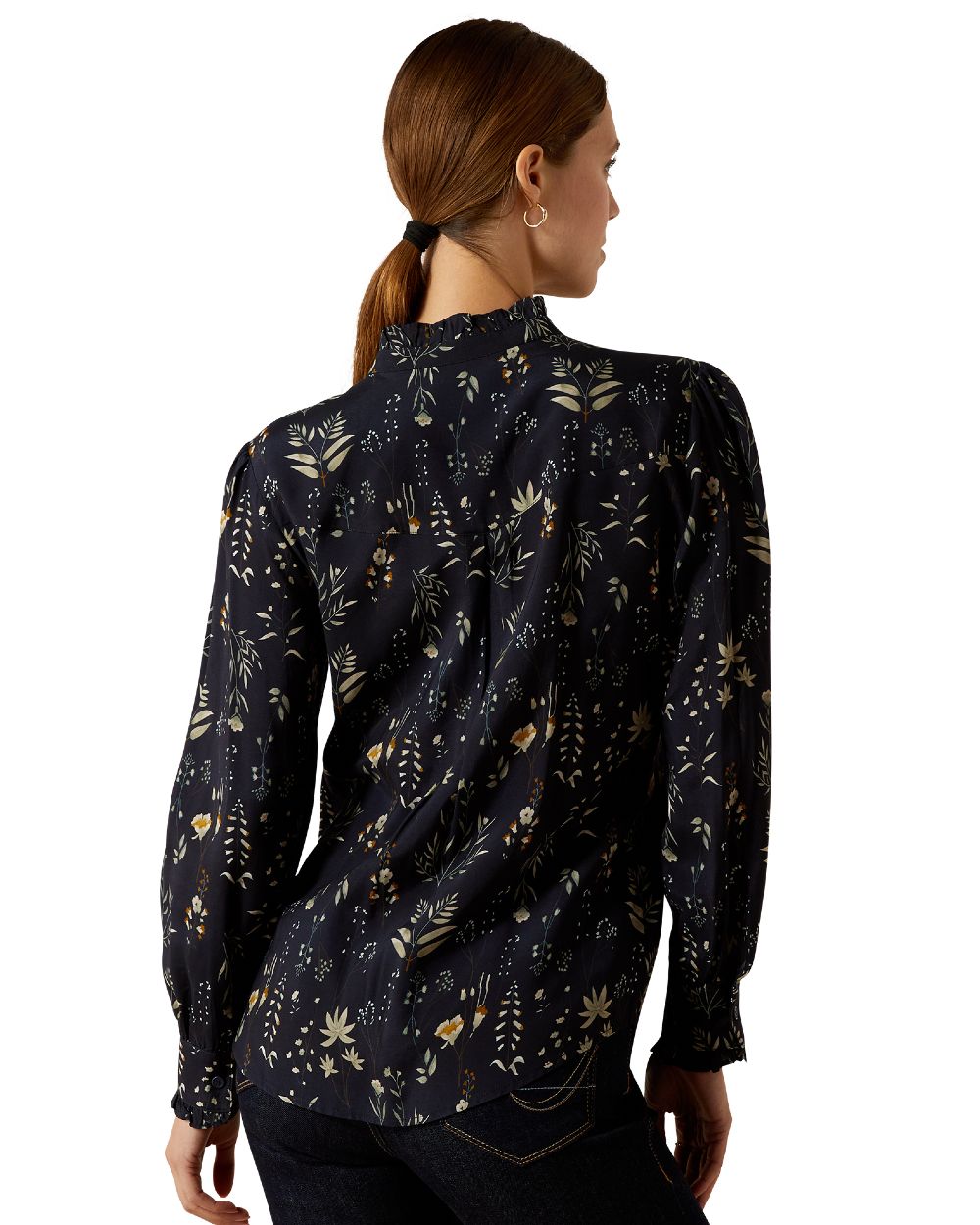 Navy Floral Print coloured Ariat Womens Cricklade Blouse on white background 