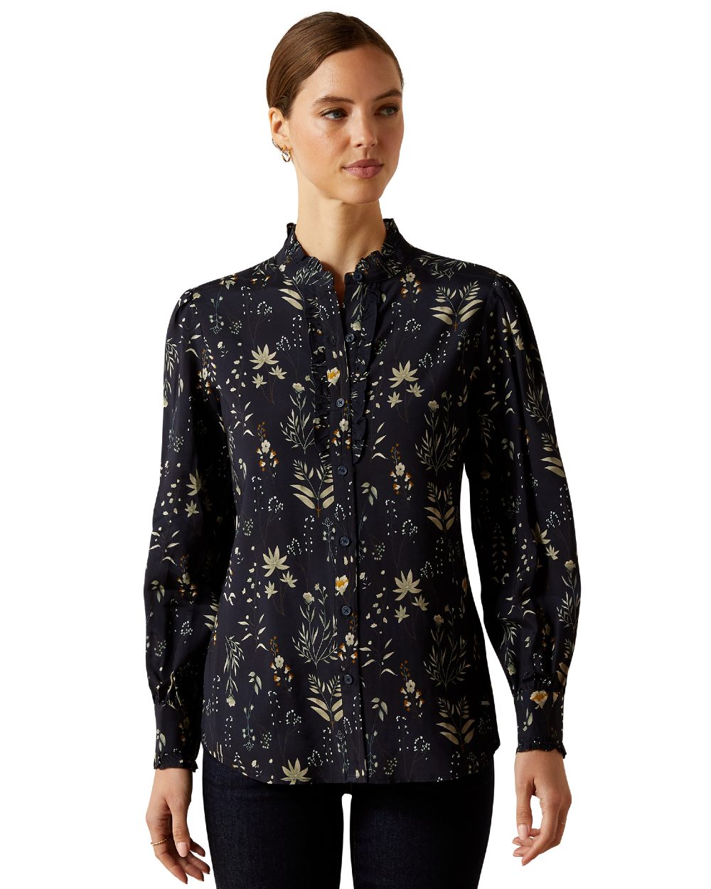 Navy Floral Print coloured Ariat Womens Cricklade Blouse on white background 