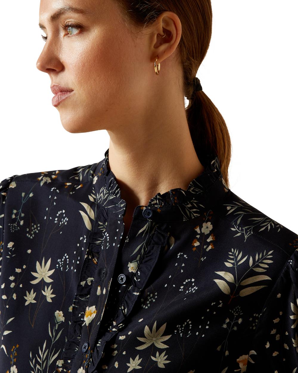 Navy Floral Print coloured Ariat Womens Cricklade Blouse on white background 