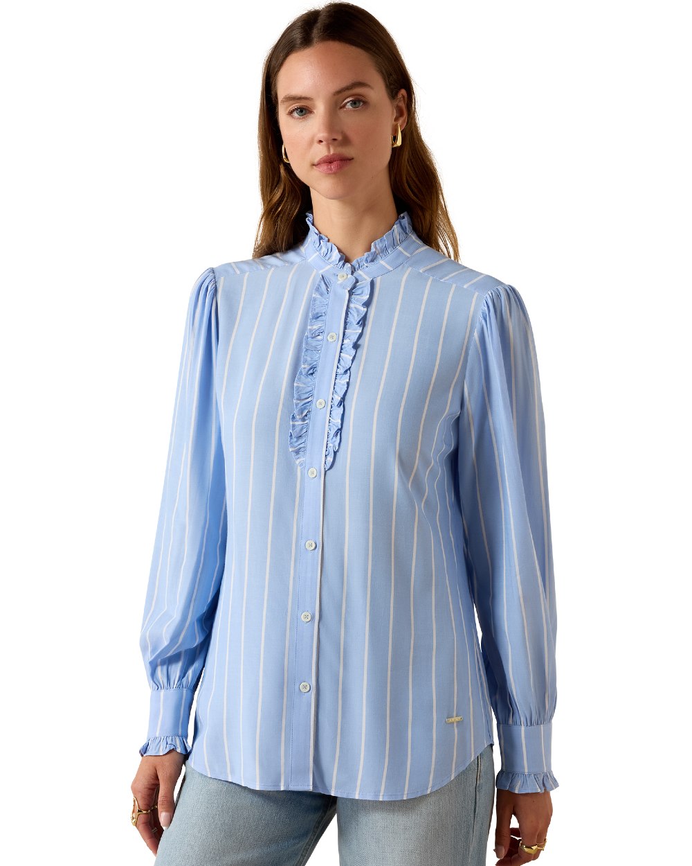 Pacific Blue Stripe coloured Ariat Womens Cricklade Blouse on white background 