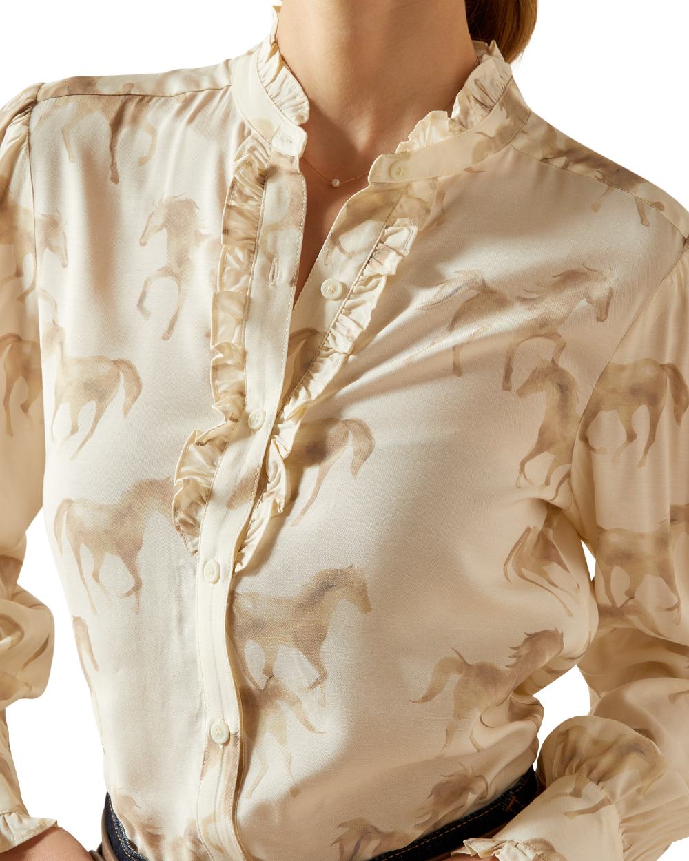 Watercolor Horse Print coloured Ariat Womens Cricklade Blouse on white background 