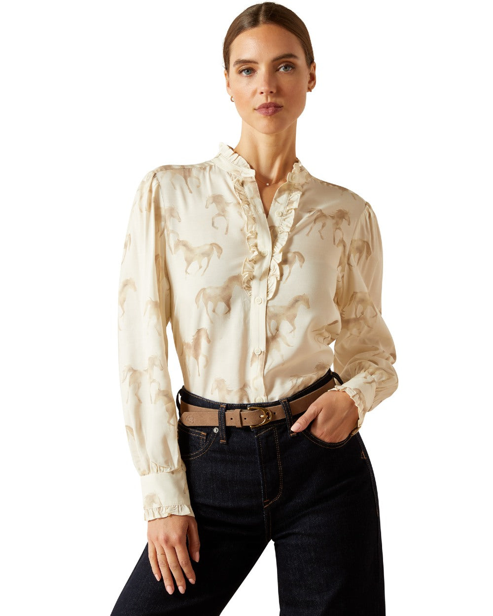 Watercolor Horse Print coloured Ariat Womens Cricklade Blouse on white background 