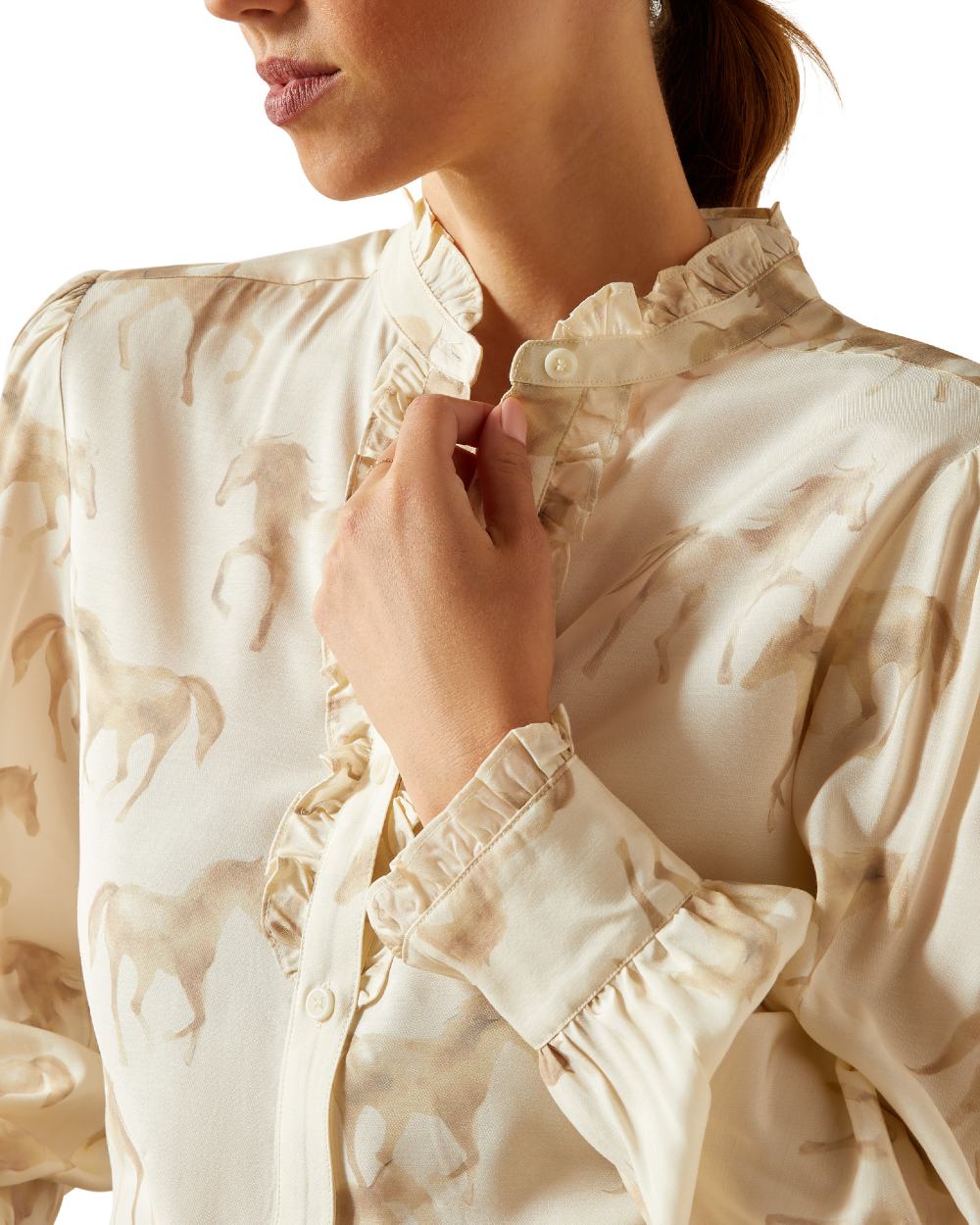 Watercolor Horse Print coloured Ariat Womens Cricklade Blouse on white background 