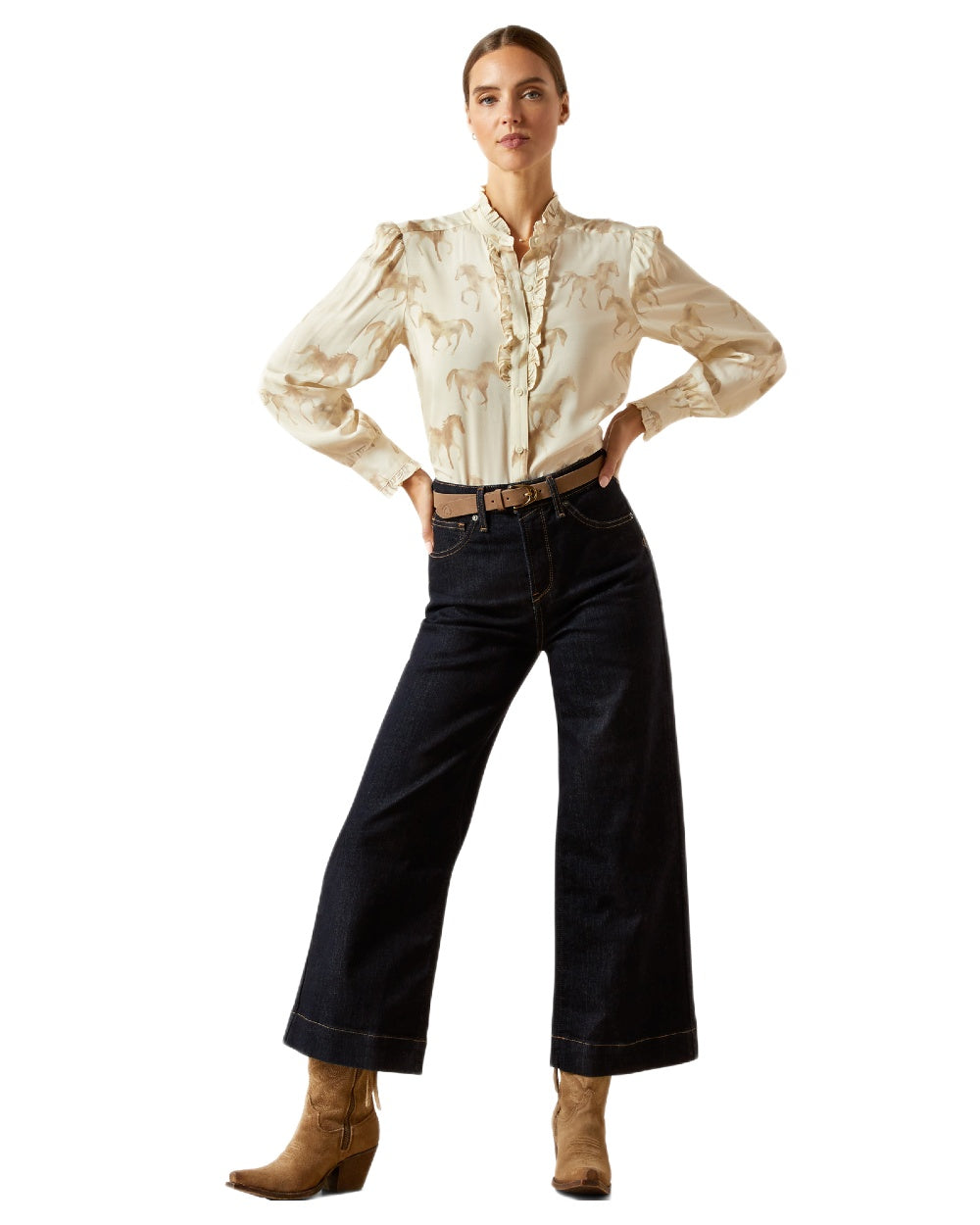 Watercolor Horse Print coloured Ariat Womens Cricklade Blouse on white background 