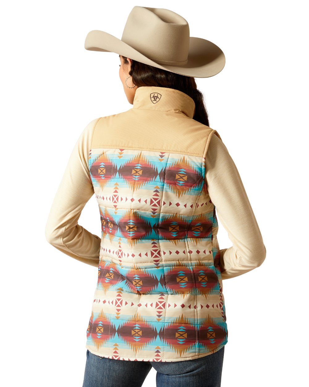 Serrano Southwest Print Coloured Ariat Womens Crius Insulated Gilet on white background 