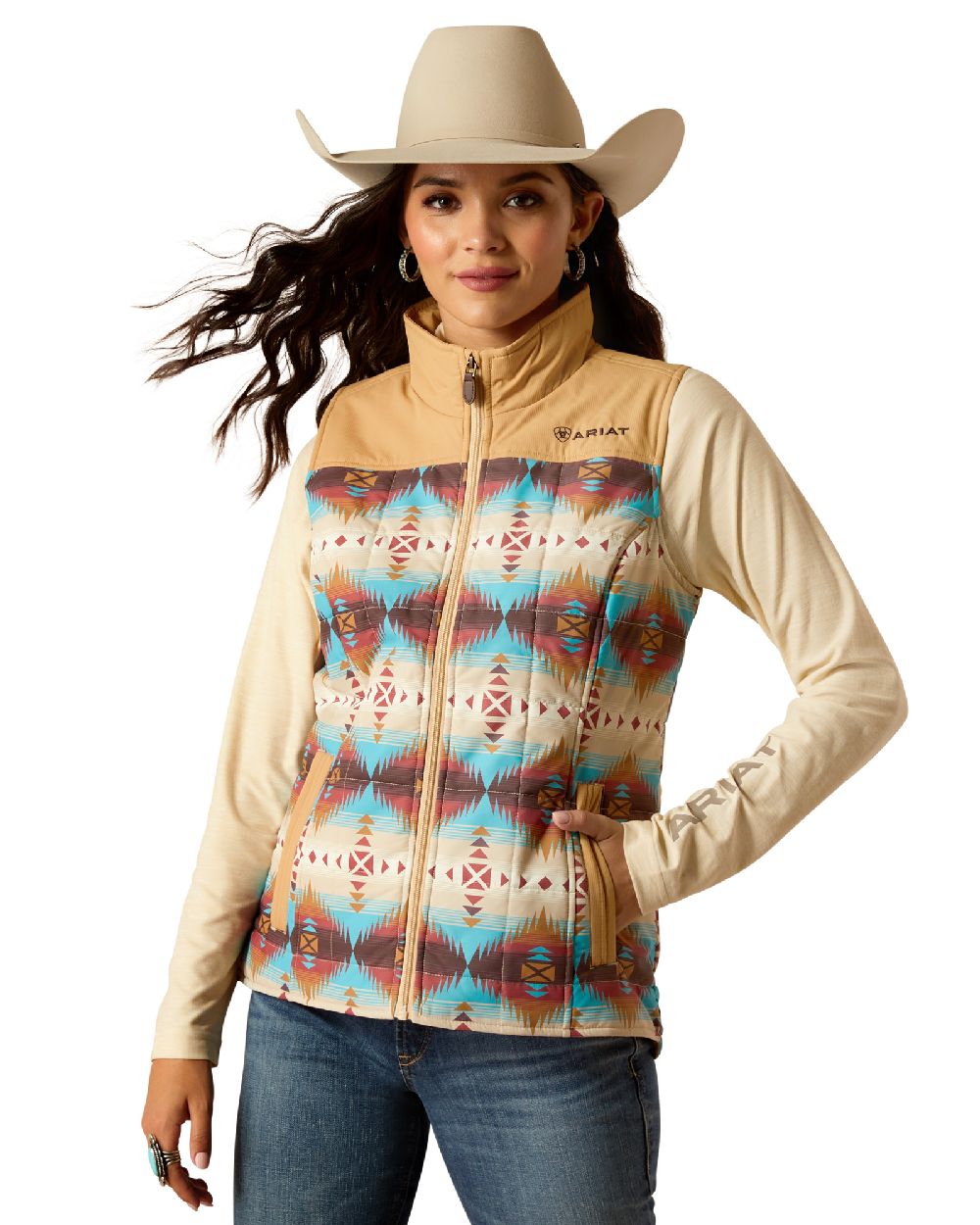 Serrano Southwest Print Coloured Ariat Womens Crius Insulated Gilet on white background 