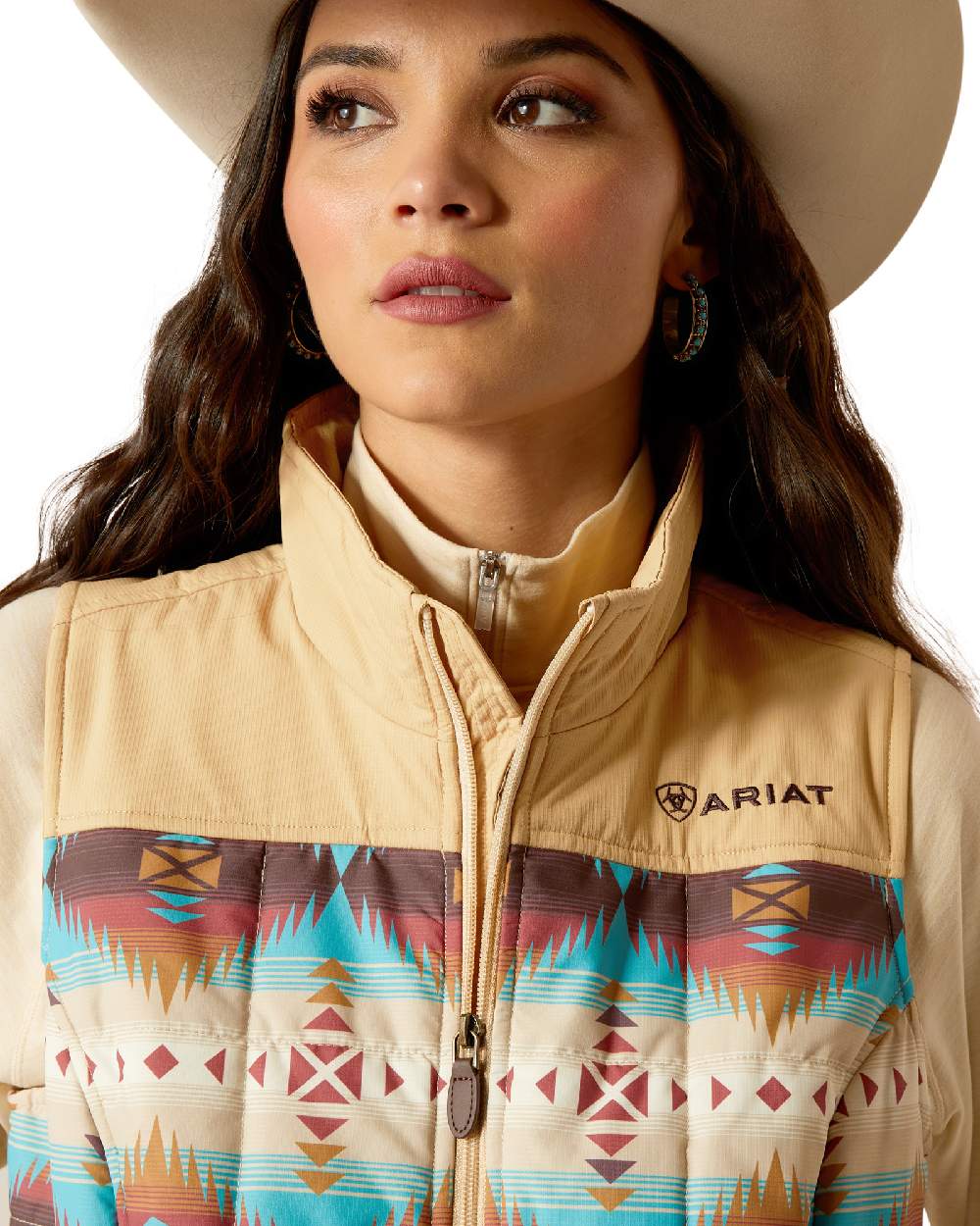 Serrano Southwest Print Coloured Ariat Womens Crius Insulated Gilet on white background 